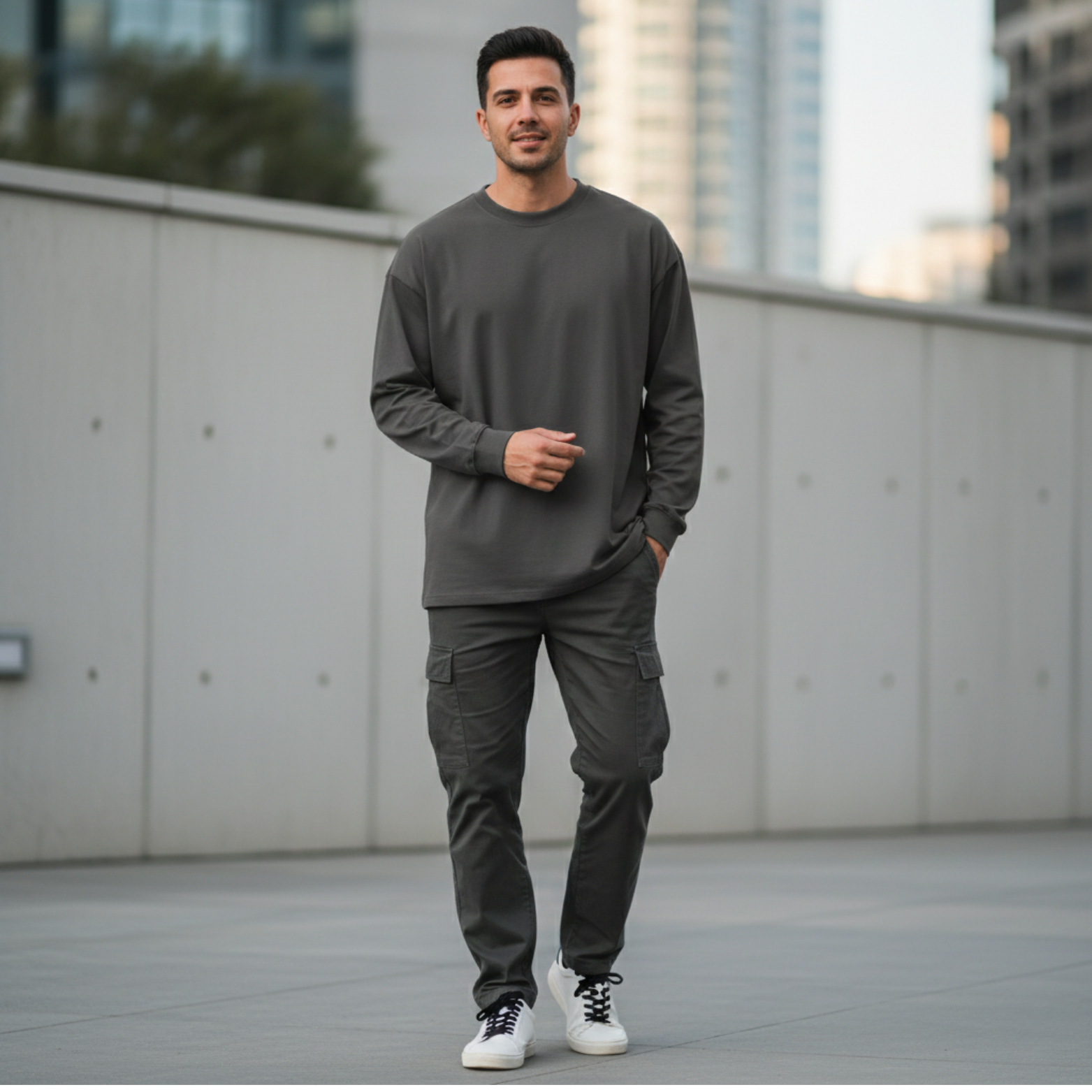 Man Wearing Premium Cotton Long Sleeve Tee Gray – The Crew