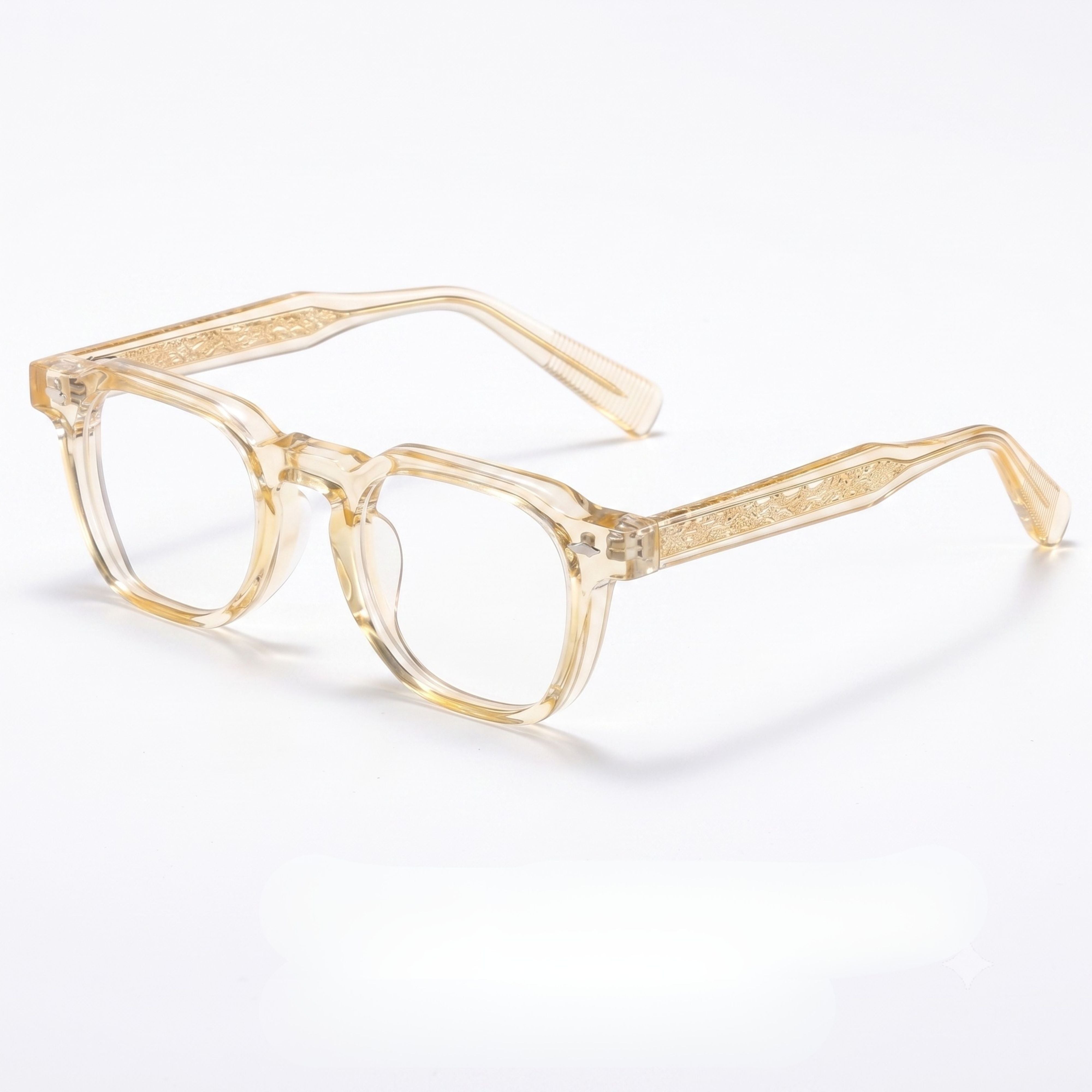 Thick crystal sand-colored eyeglass frames with textured temples.