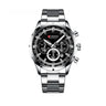 Curren male luxury sports wrist watch featuring silver steel strap and classic black dial