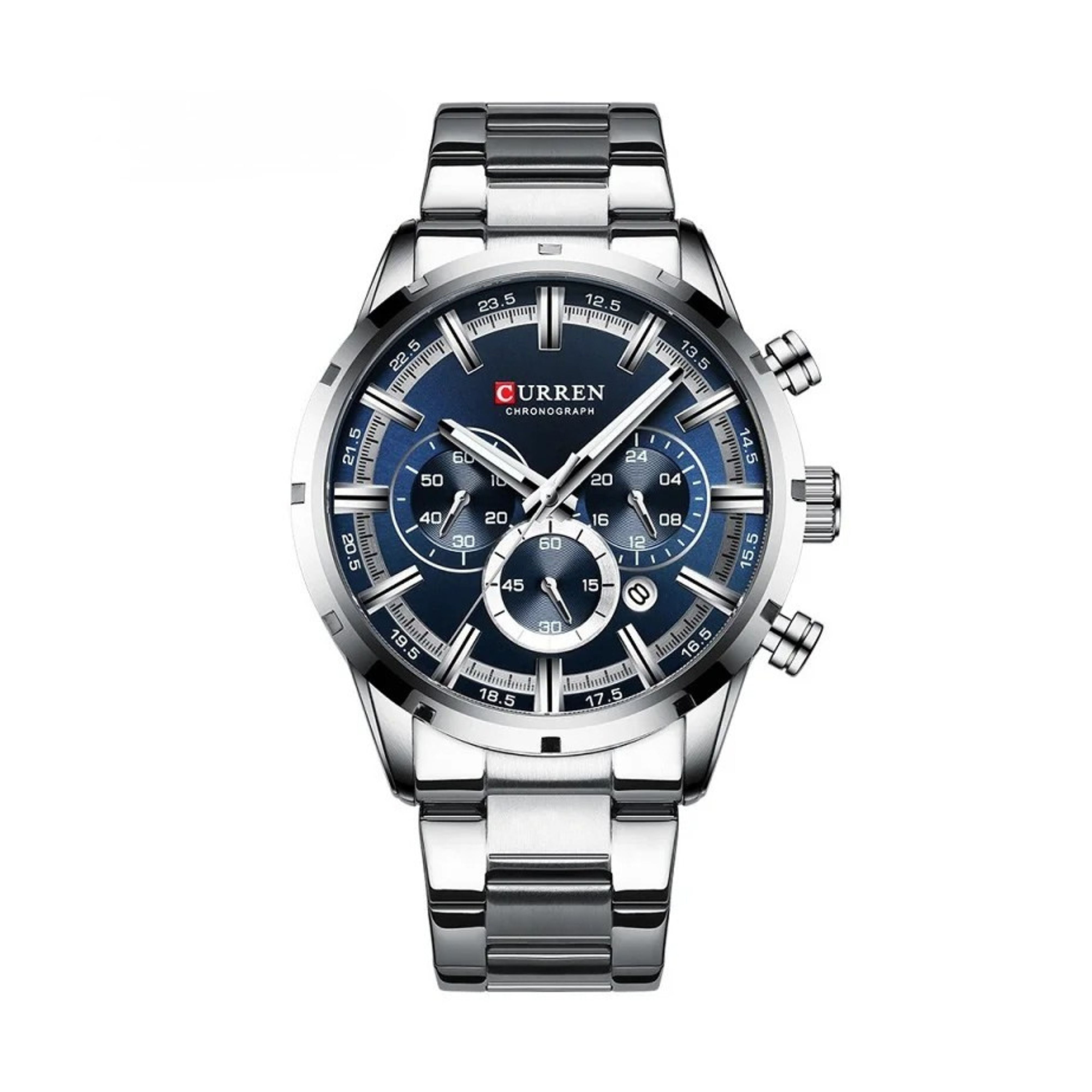Premium silver stainless steel quartz watch for men with sunray blue dial face