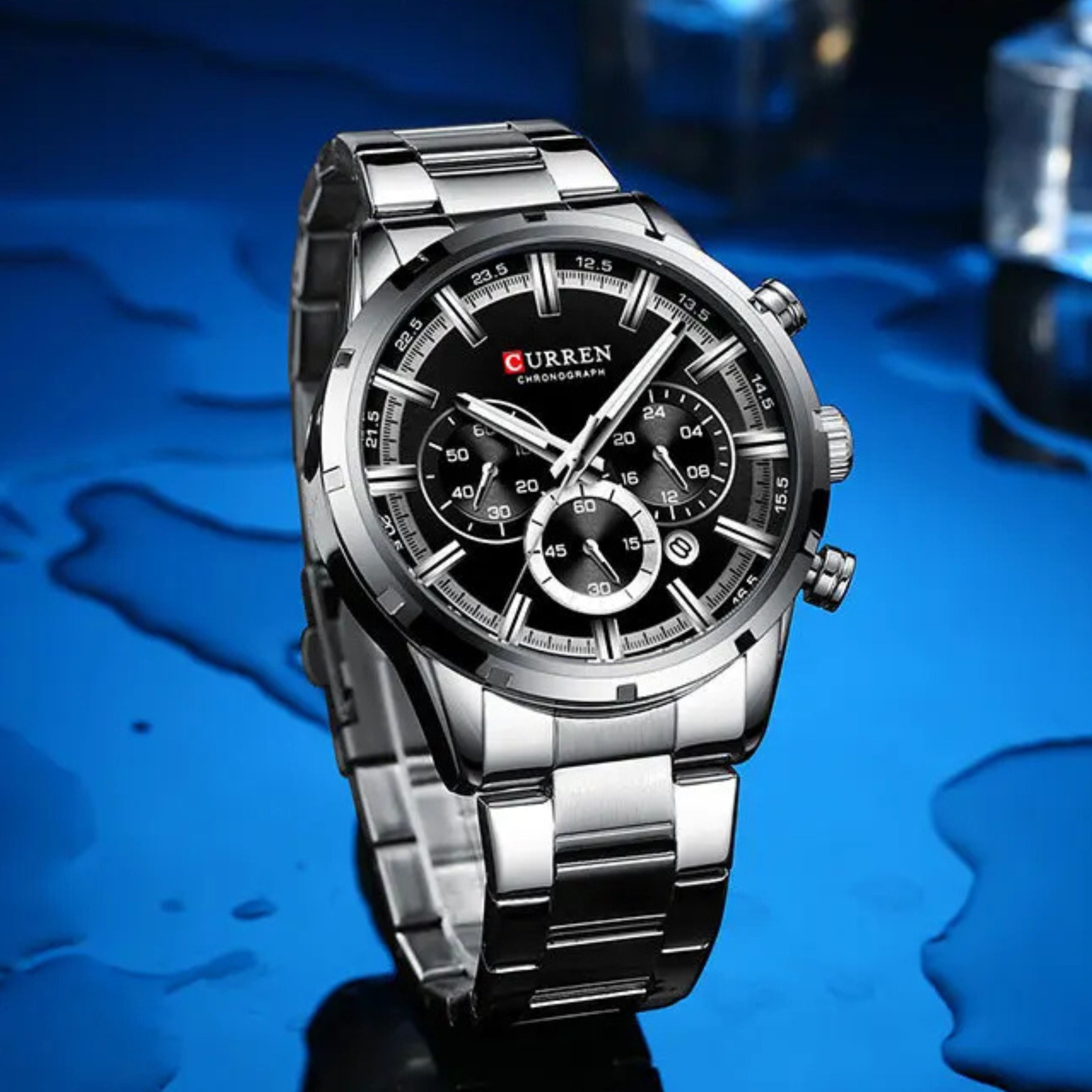 Technical specifications sheet highlighting Curren watch durable alloy case and scratch resistant mineral glass