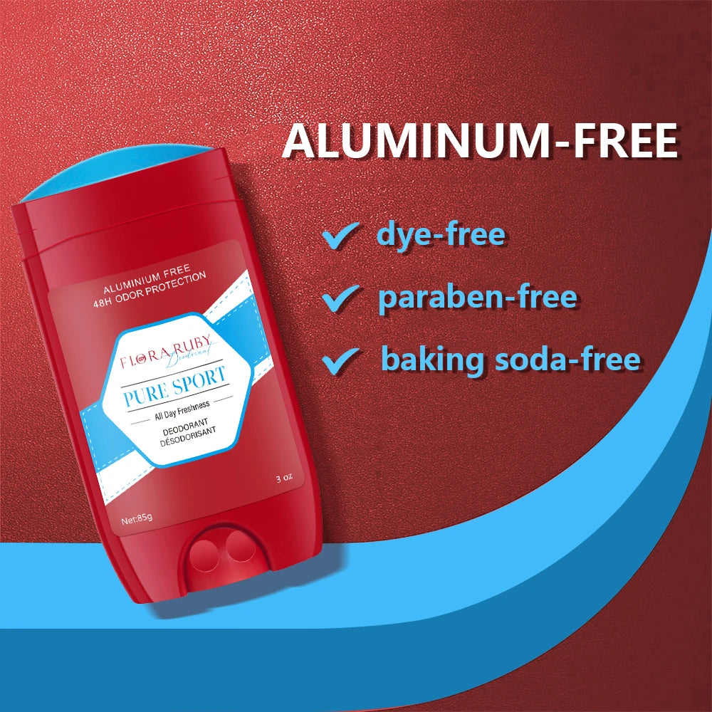 A red Flora Ruby deodorant stick showcasing its clean formula benefits: dye-free, paraben-free, and baking soda-free