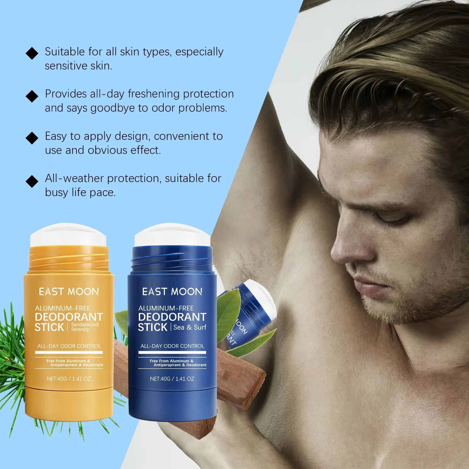 East Moon deodorant sticks displayed next to a man showing fresh underarms, highlighting all-day protection for a busy lifestyle pace