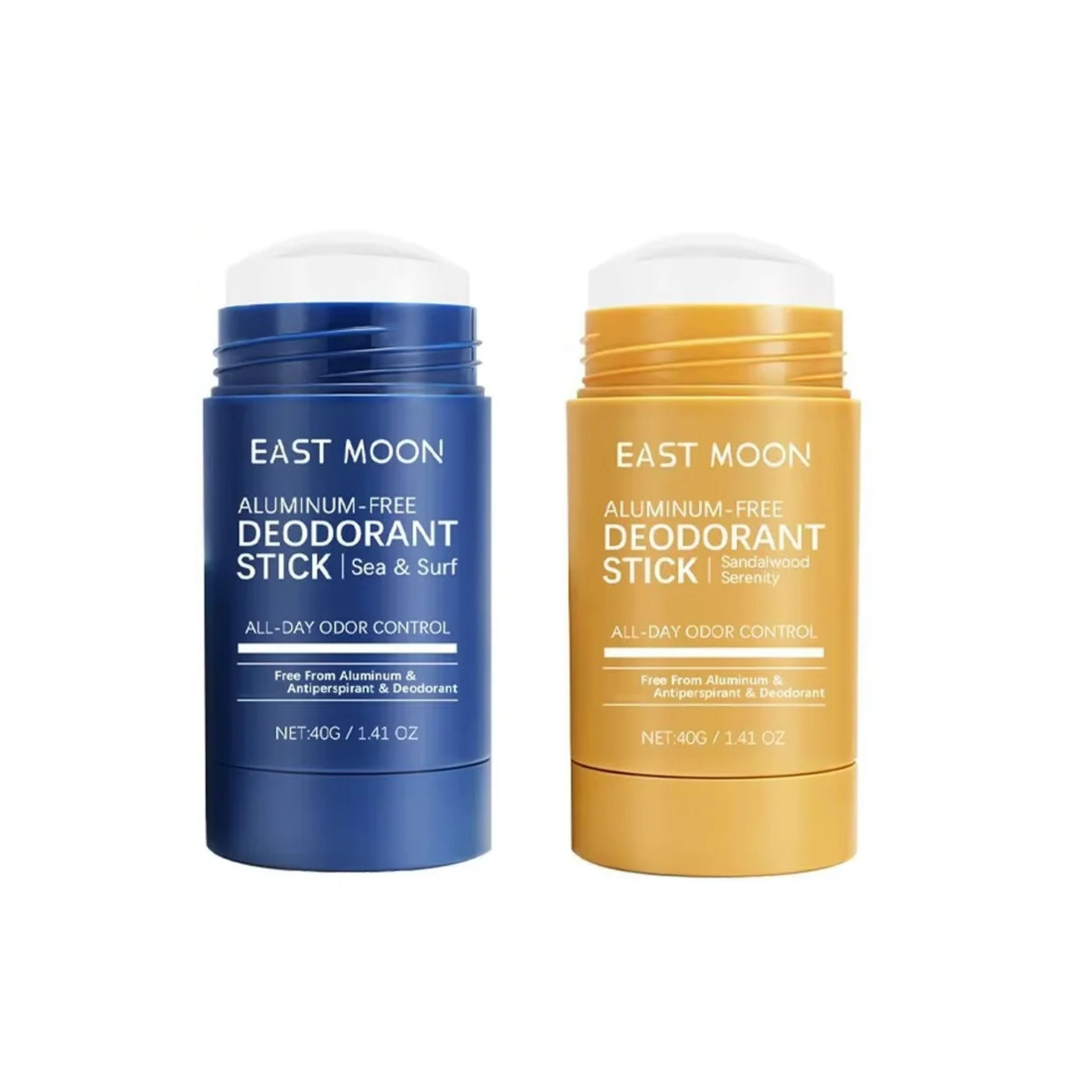 Two boxes of East Moon men's sandalwood solid deodorant sticks showcasing the twin pack option