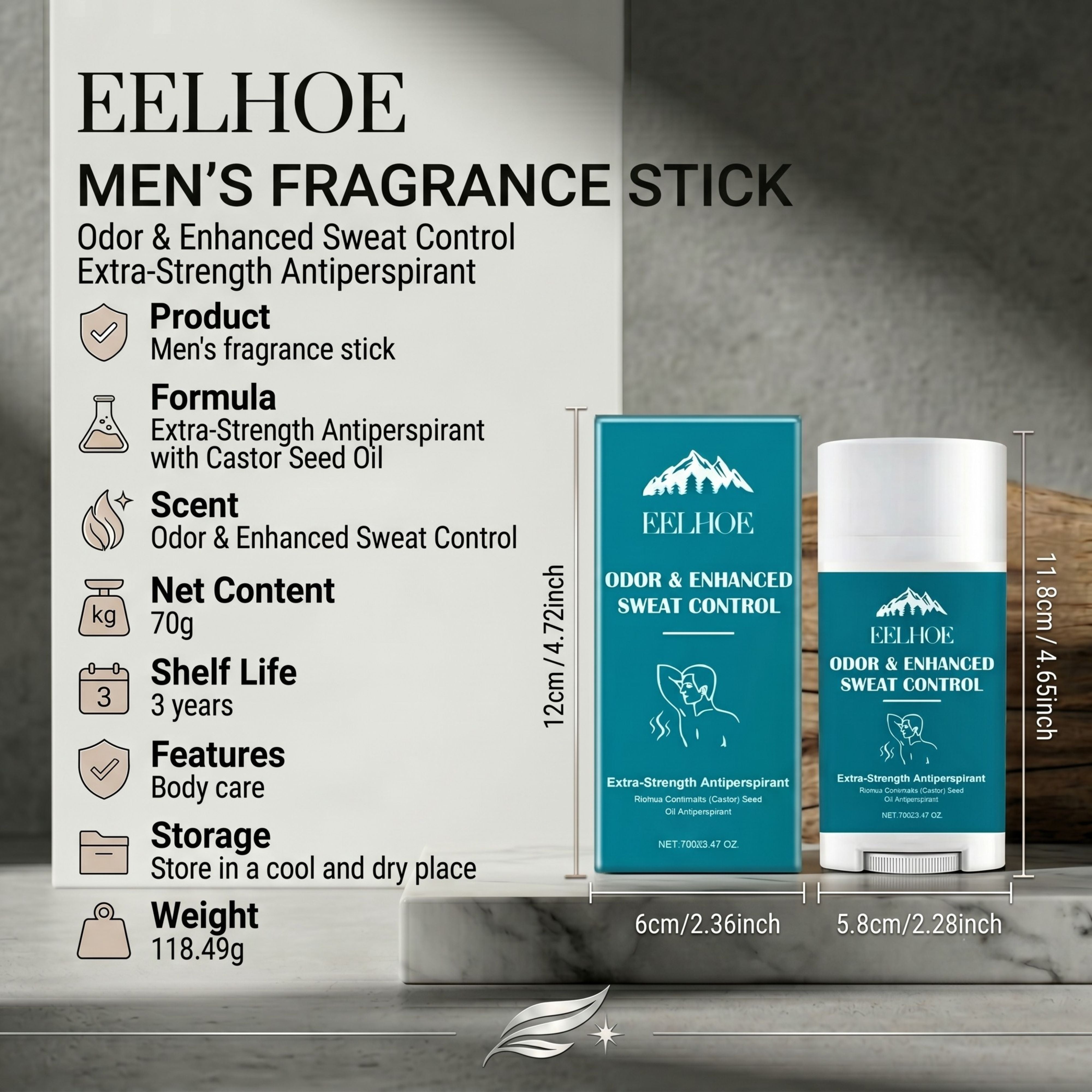 Infographic chart showing EELHOE men's fragrance stick details, formula with vitamin E, and 70g net content