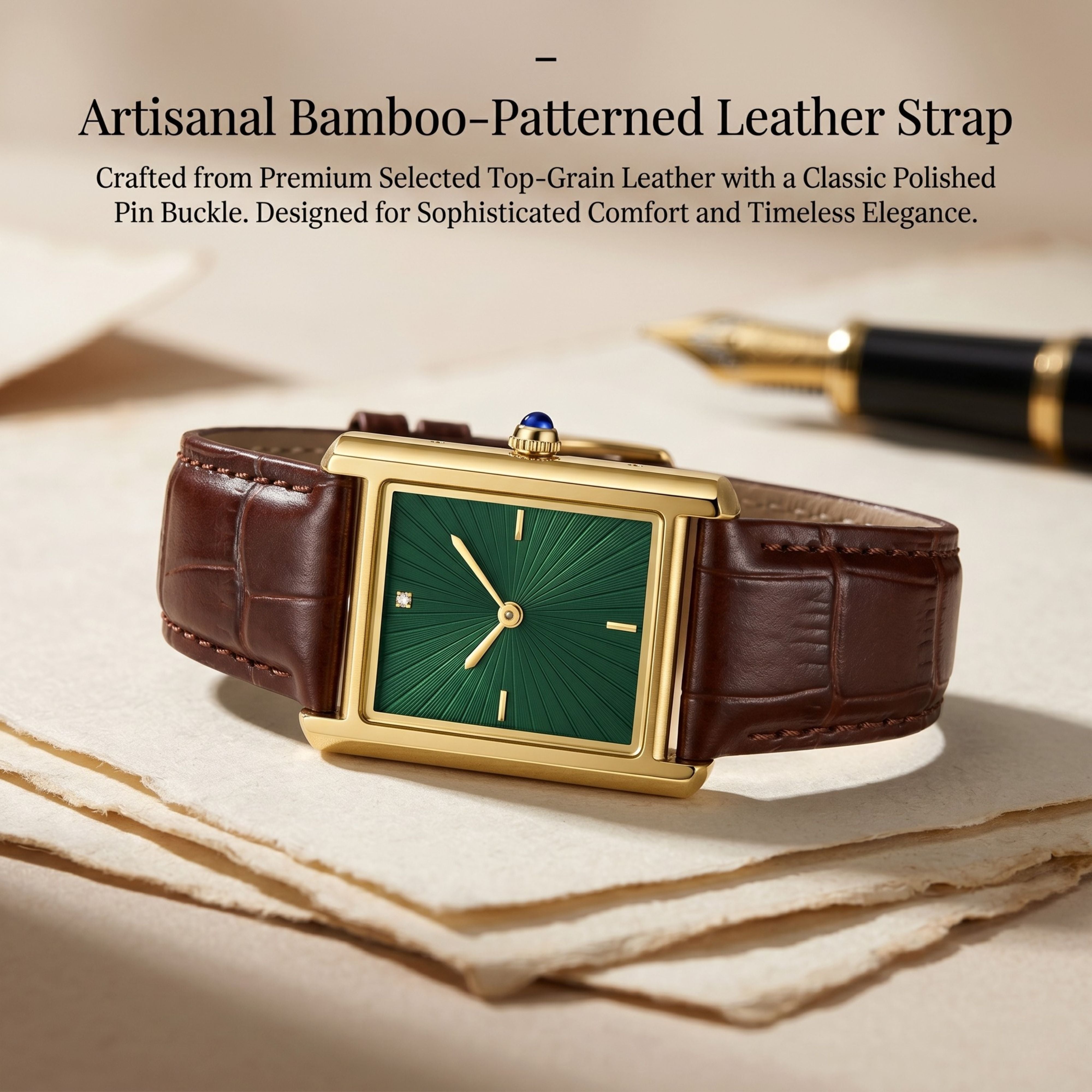 Luxury close-up banner featuring a gold square watch with a dark green dial resting on vintage papers with a brown leather strap