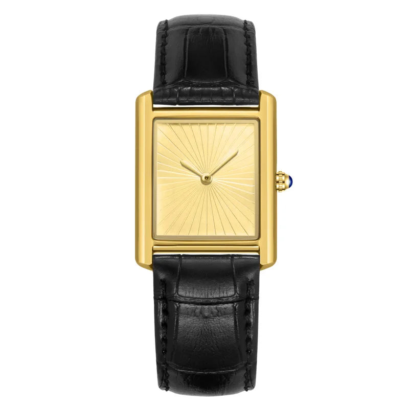ZBJP unisex square wristwatch featuring a gold case, matching gold sunray face, and a sleek black leather band