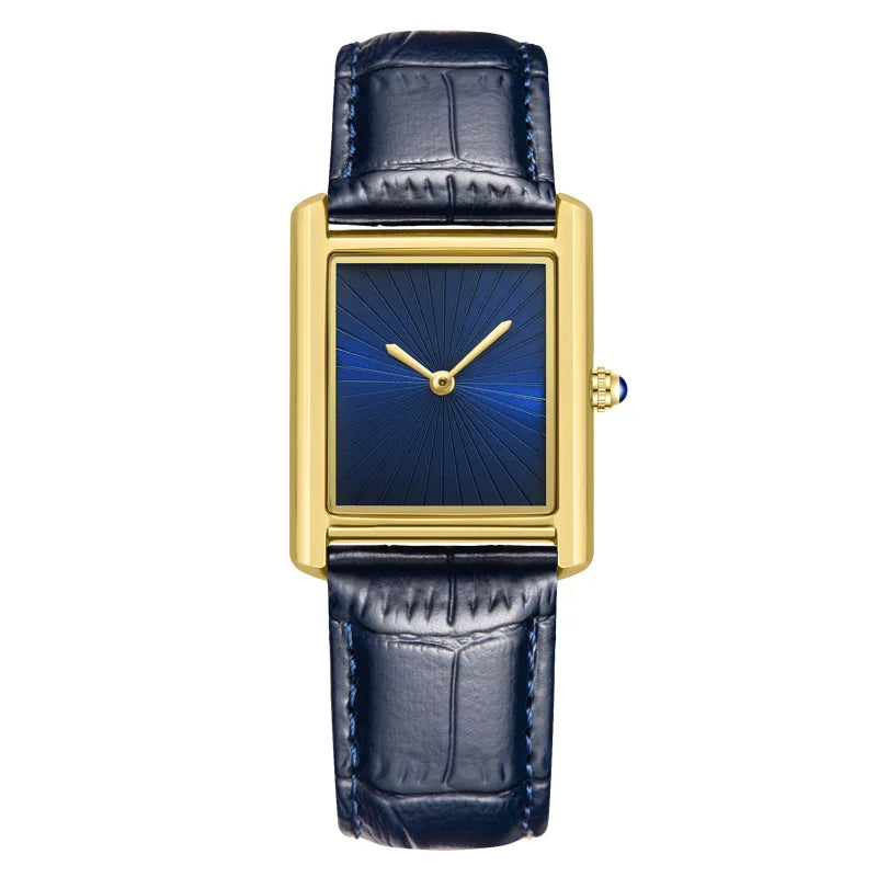 ZBJP fashion square watch with a gold outer case, deep navy blue sunburst dial, and matching dark blue crocodile embossed leather strap