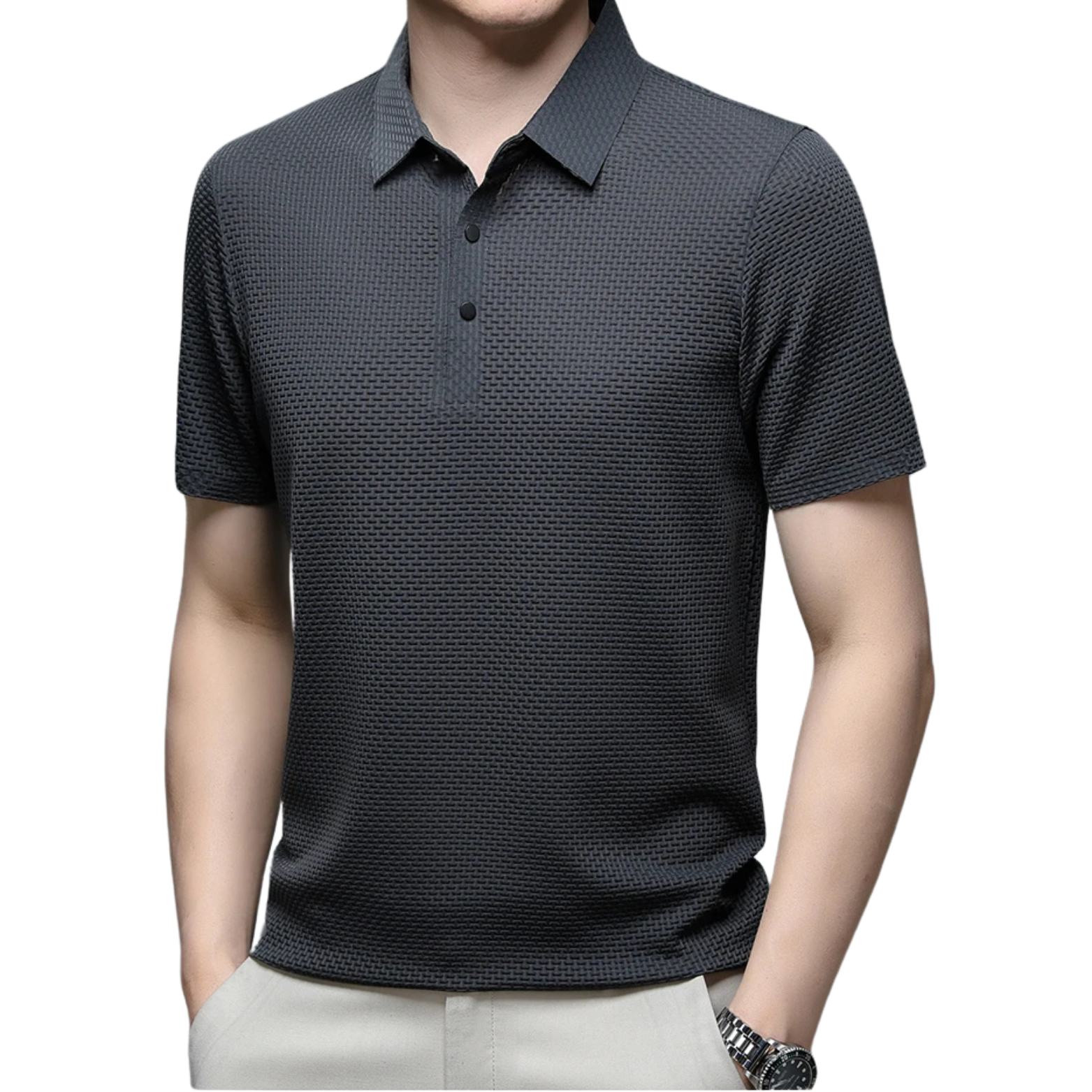 Men wearing dark gray polo shirt – The Crew