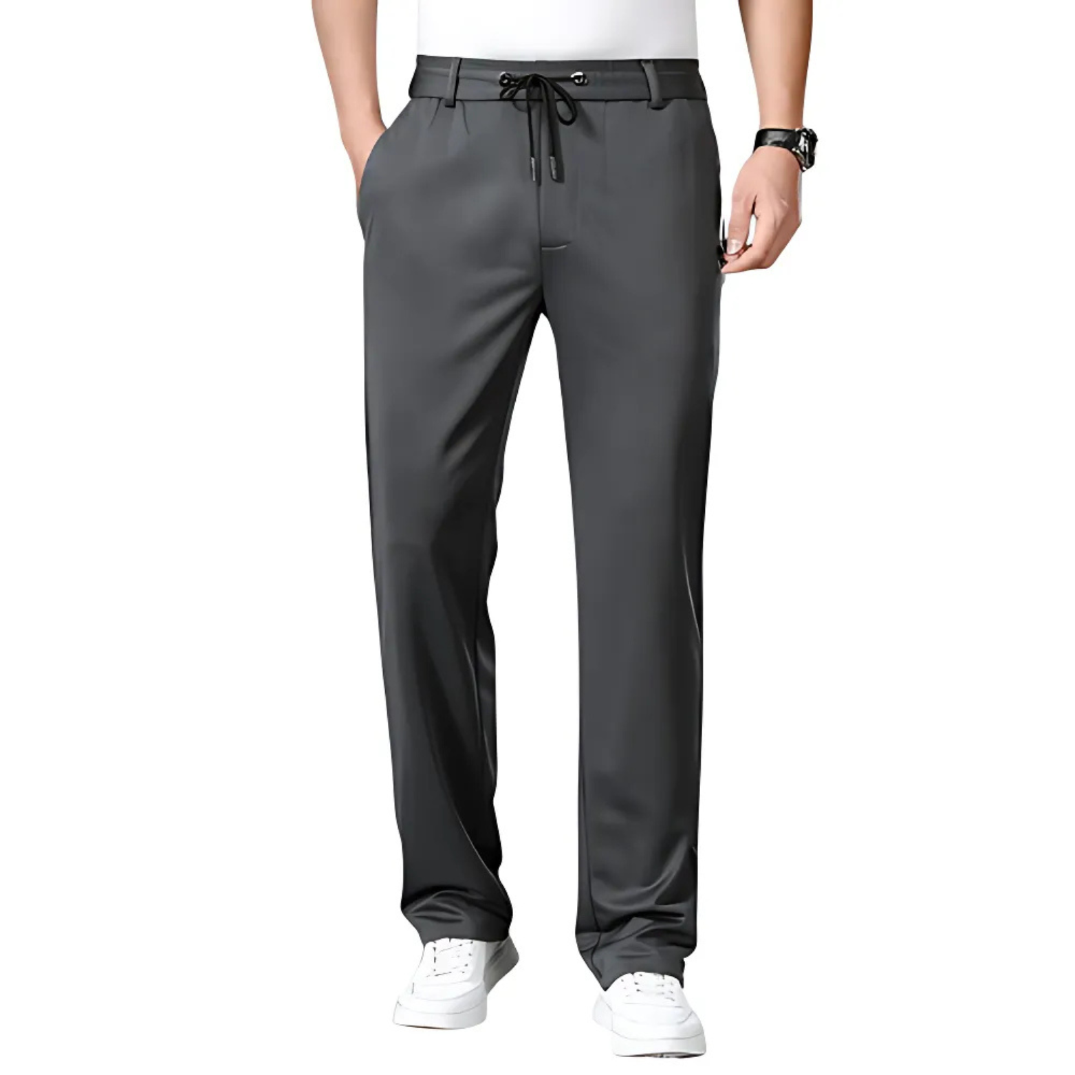 Men wearing dark gray cotton pants walking – The Crew