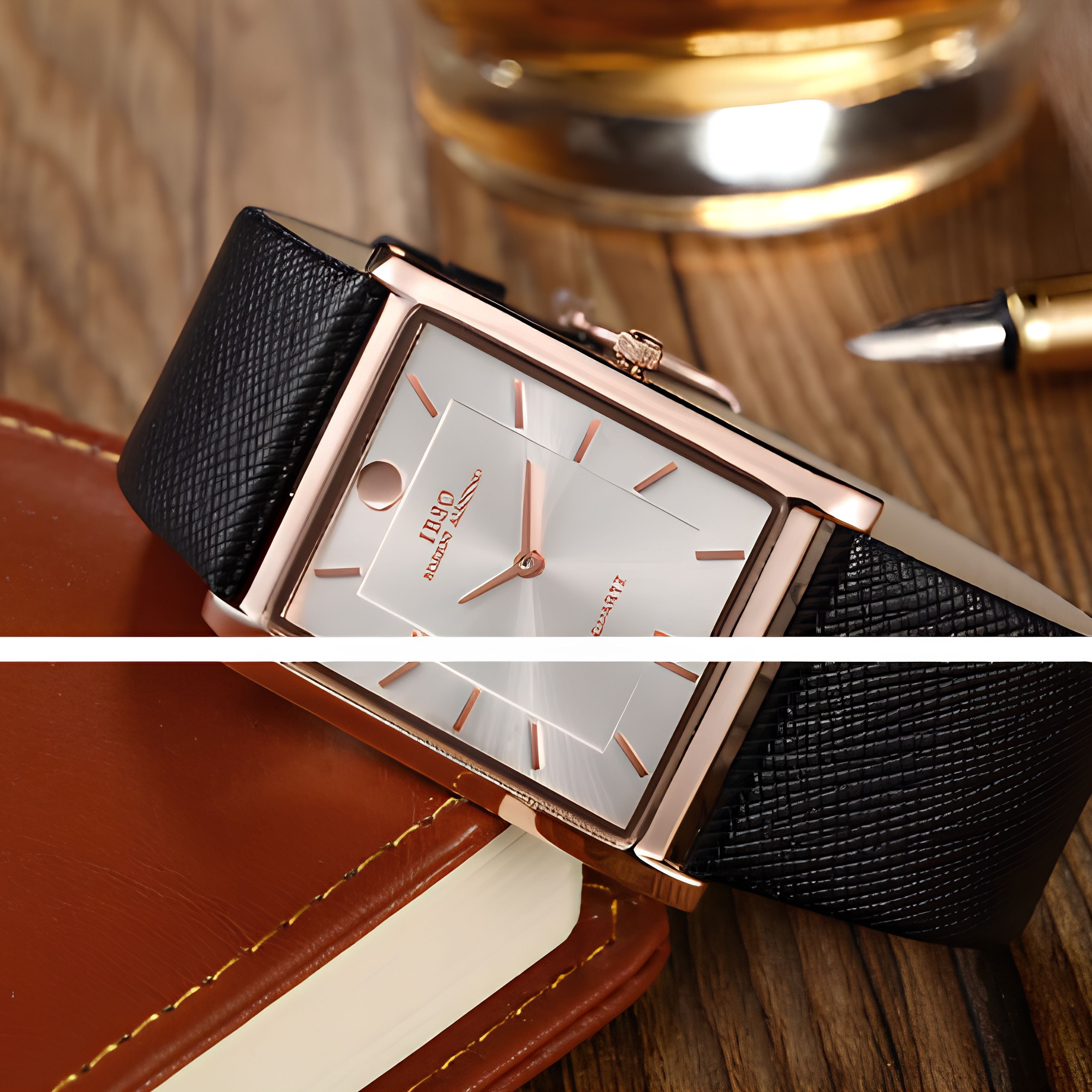 Close-up shot highlighting the polished rose gold rectangular case and crisp white dial of an IBSO ultra-thin men's dress watch