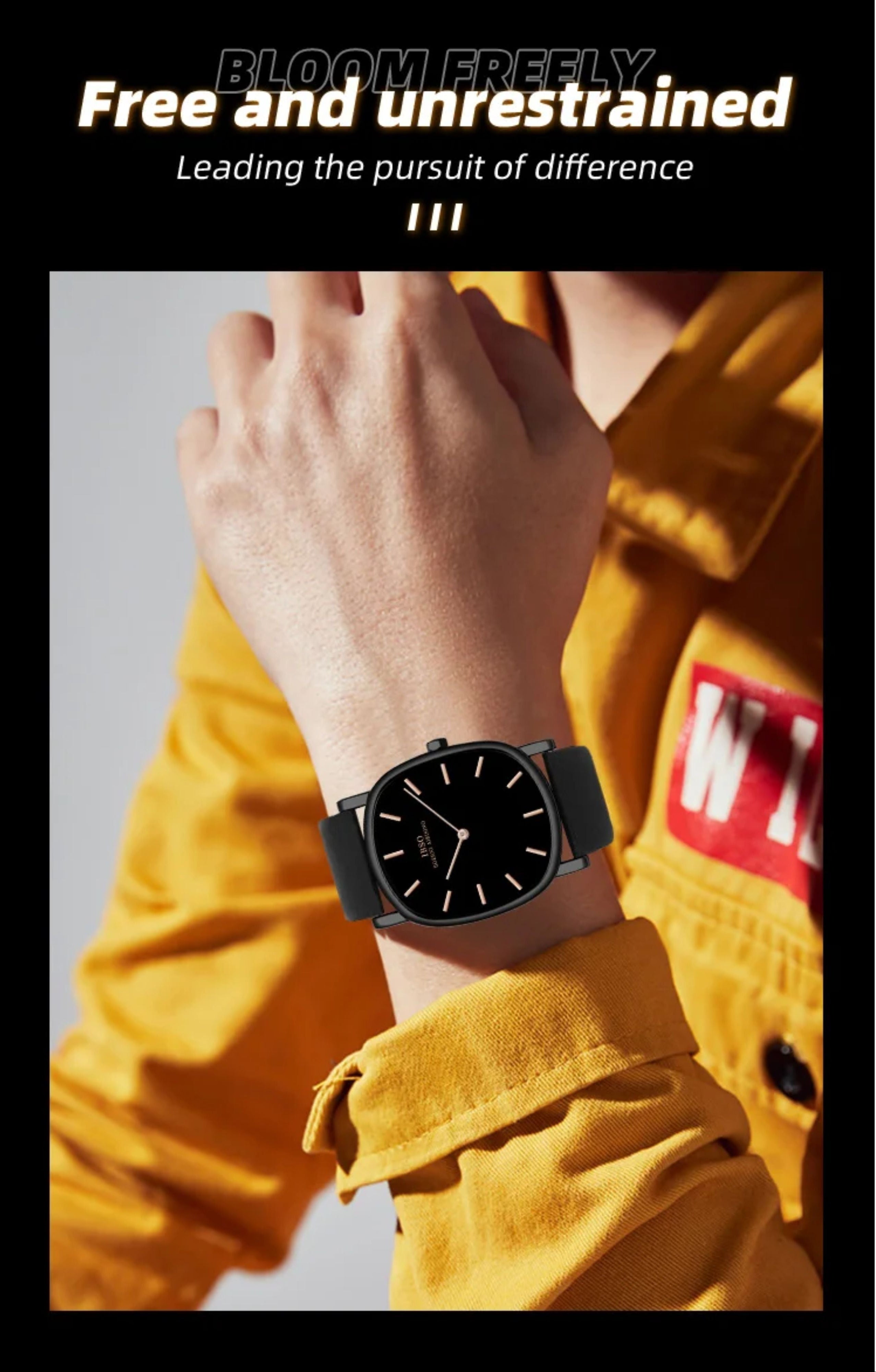 Lifestyle shot of a man wearing the all-black IBSO minimalist watch paired with a vibrant yellow jacket.