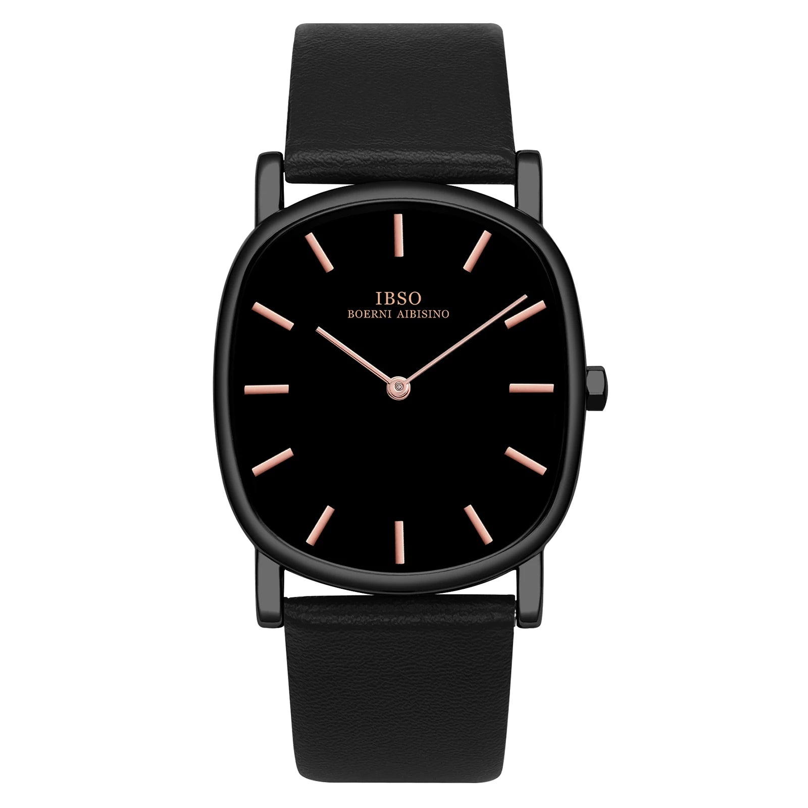 IBSO minimalist watch in an all-black colorway, featuring a black irregular case, black dial, and black leather strap.