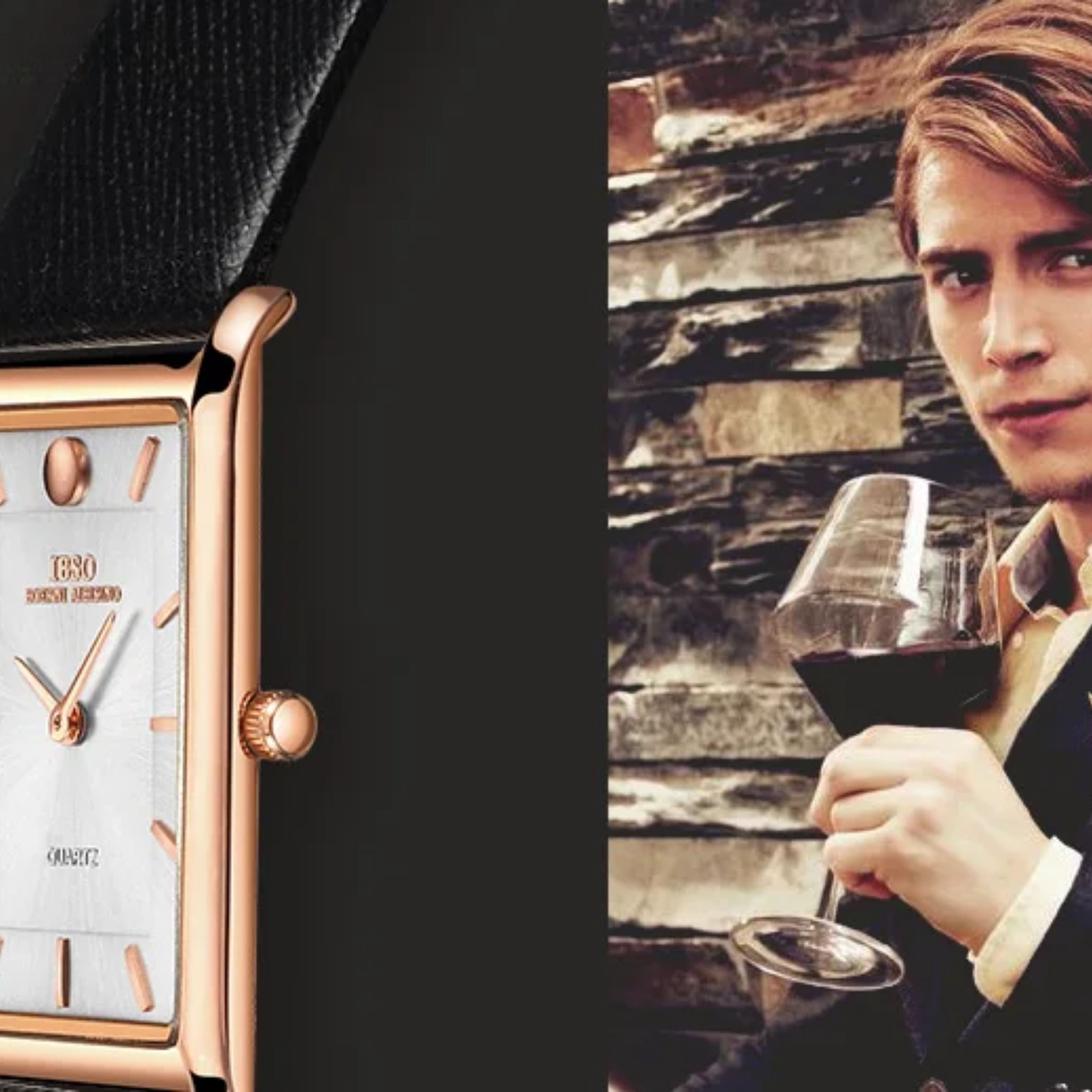 Elegant lifestyle graphic pairing a rose gold IBSO rectangular watch with an image of a classy man holding a glass of red wine