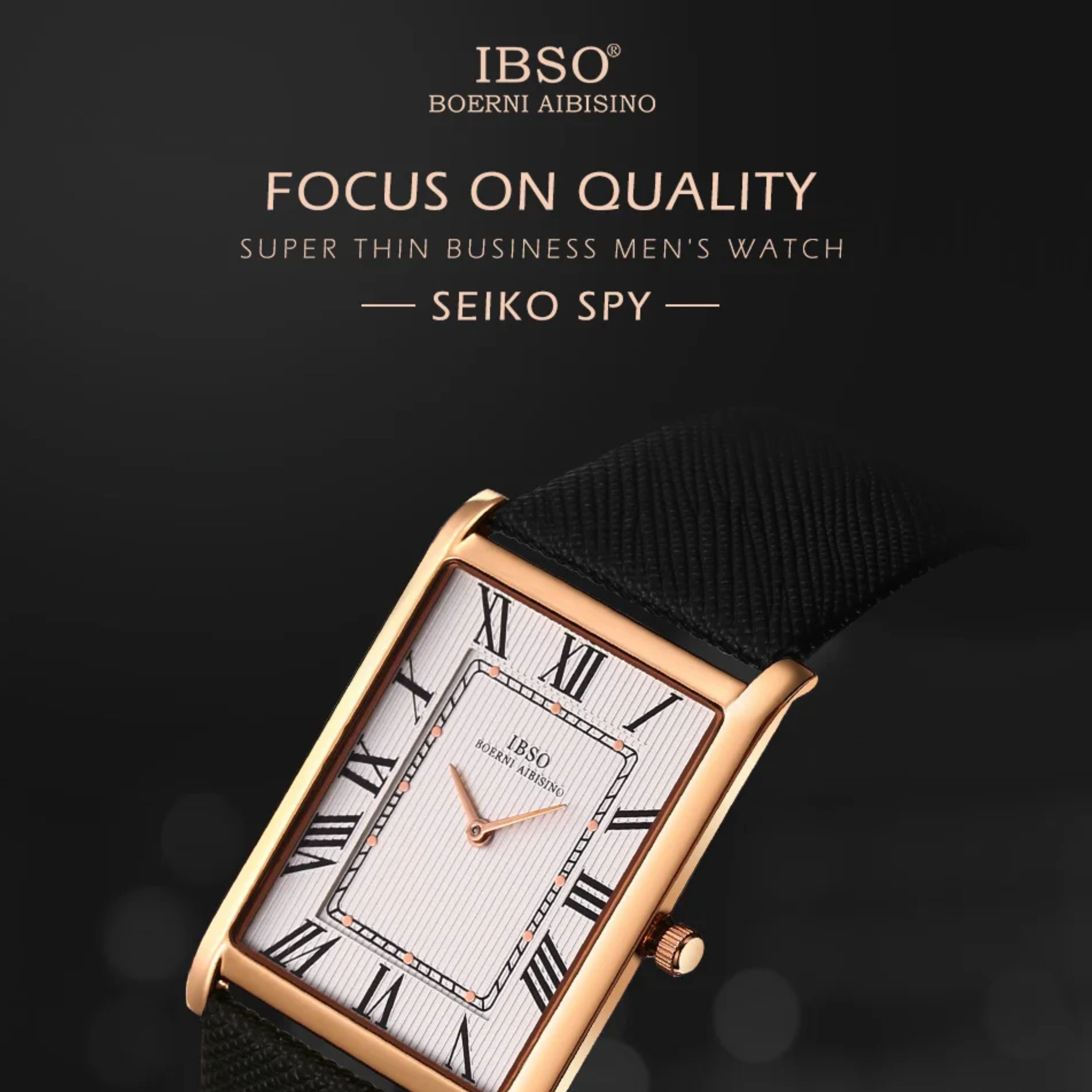 Premium dark e-commerce banner showcasing an angled close-up view of the IBSO rose gold and white Roman numeral rectangular dress watch