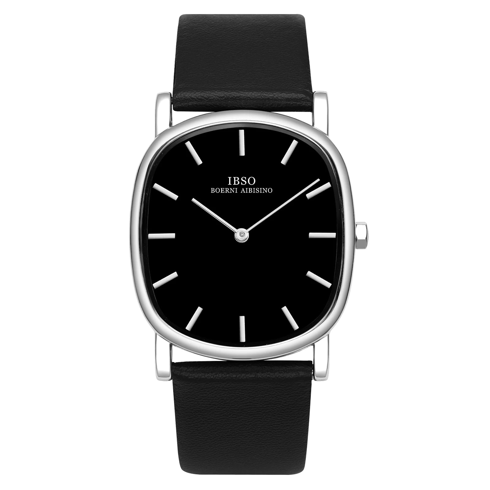 IBSO minimalist men's watch featuring a polished silver irregular case, black dial, and black leather strap.