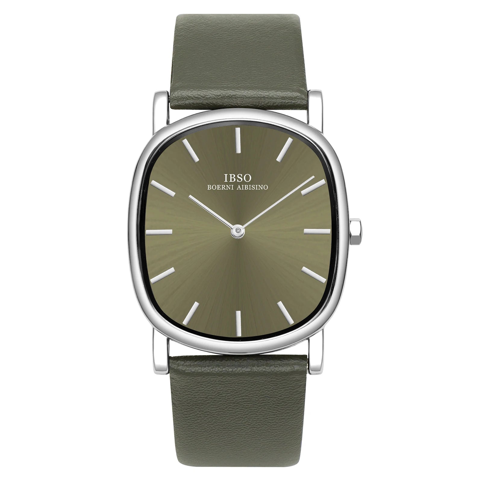 IBSO minimalist watch featuring a silver irregular case with a matching olive green sunburst dial and green leather strap.