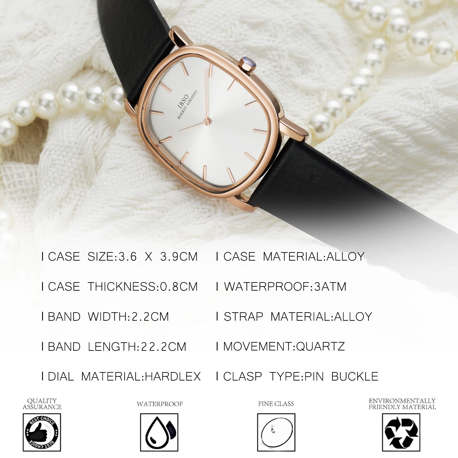 Rose gold and white IBSO minimalist watch displayed on soft fabric with pearls, featuring an overlay of the watch's technical specifications.