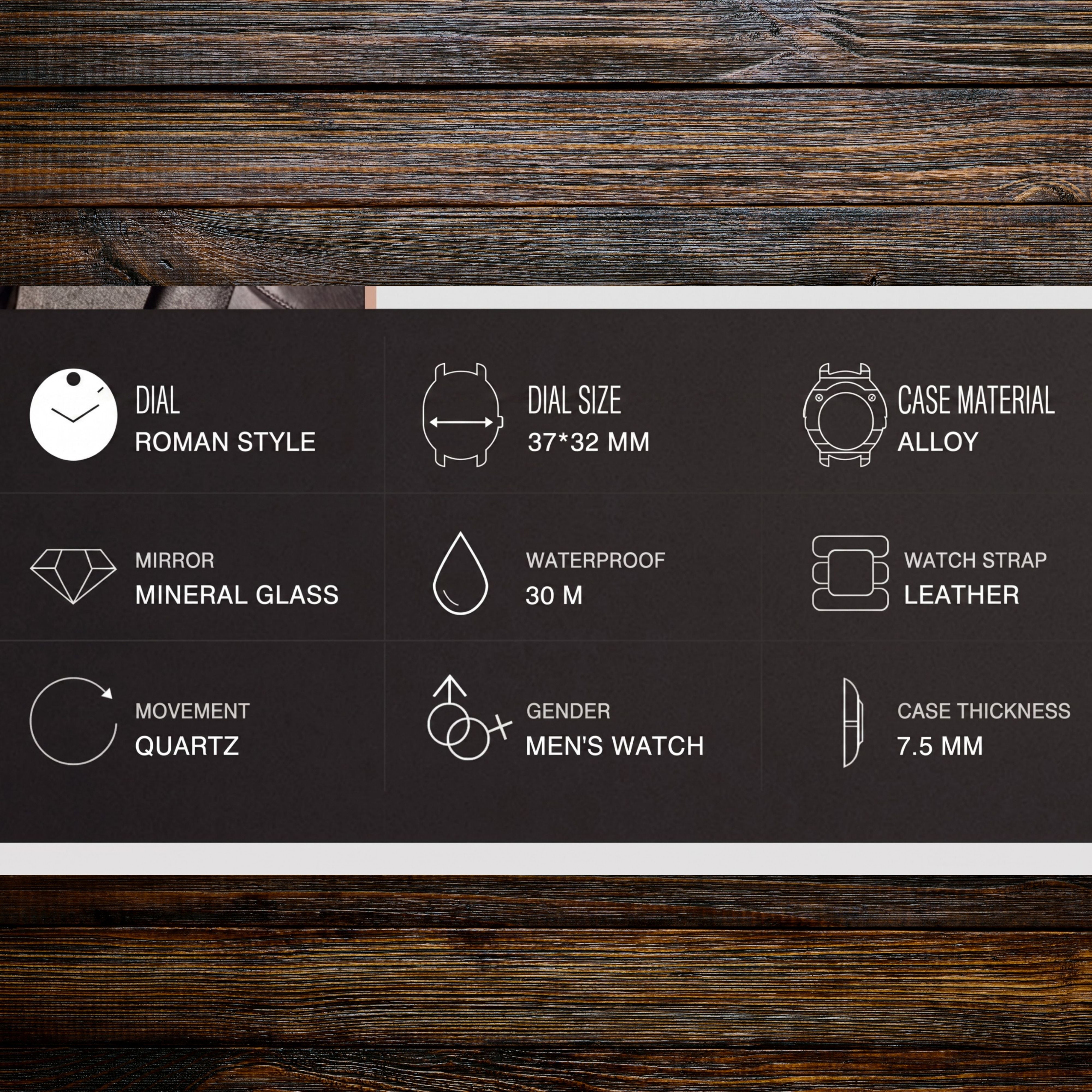 Technical infographic chart displaying feature icons for the IBSO watch, including water resistance depth, battery life, and quartz movement specs