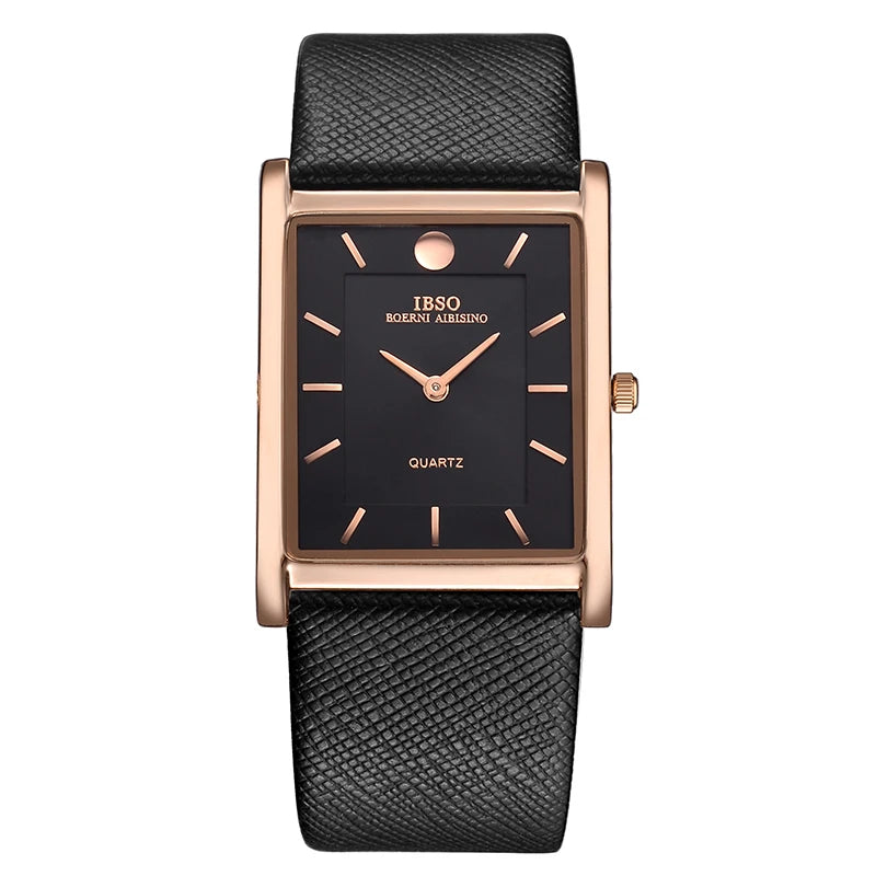 IBSO rectangular dress watch with a polished rose gold case, minimalist black dial with simple stick markers, and a black leather band