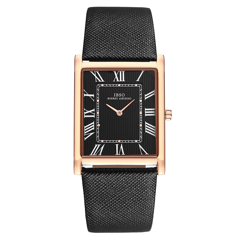 IBSO men's fashion watch displaying a rectangular rose gold outer case, classic black dial with white Roman numeral tracks, and a black leather strap