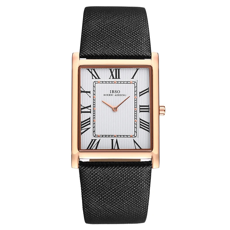 IBSO luxury business dress watch with a rose gold rectangular frame, vintage white dial featuring black Roman numerals, and a black leather band