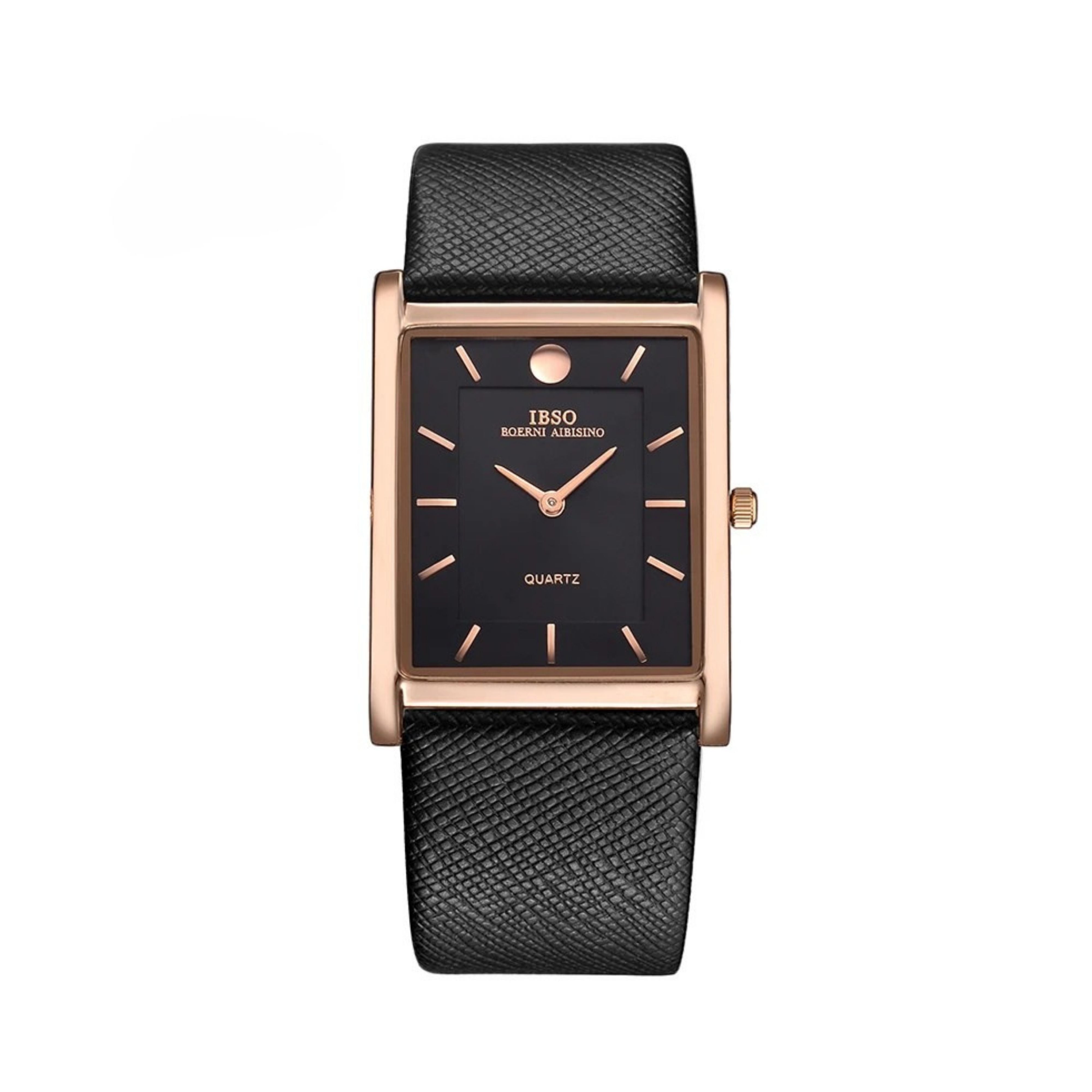 IBSO classic business watch featuring a rectangular rose gold case, minimalist black face, and a textured black leather band