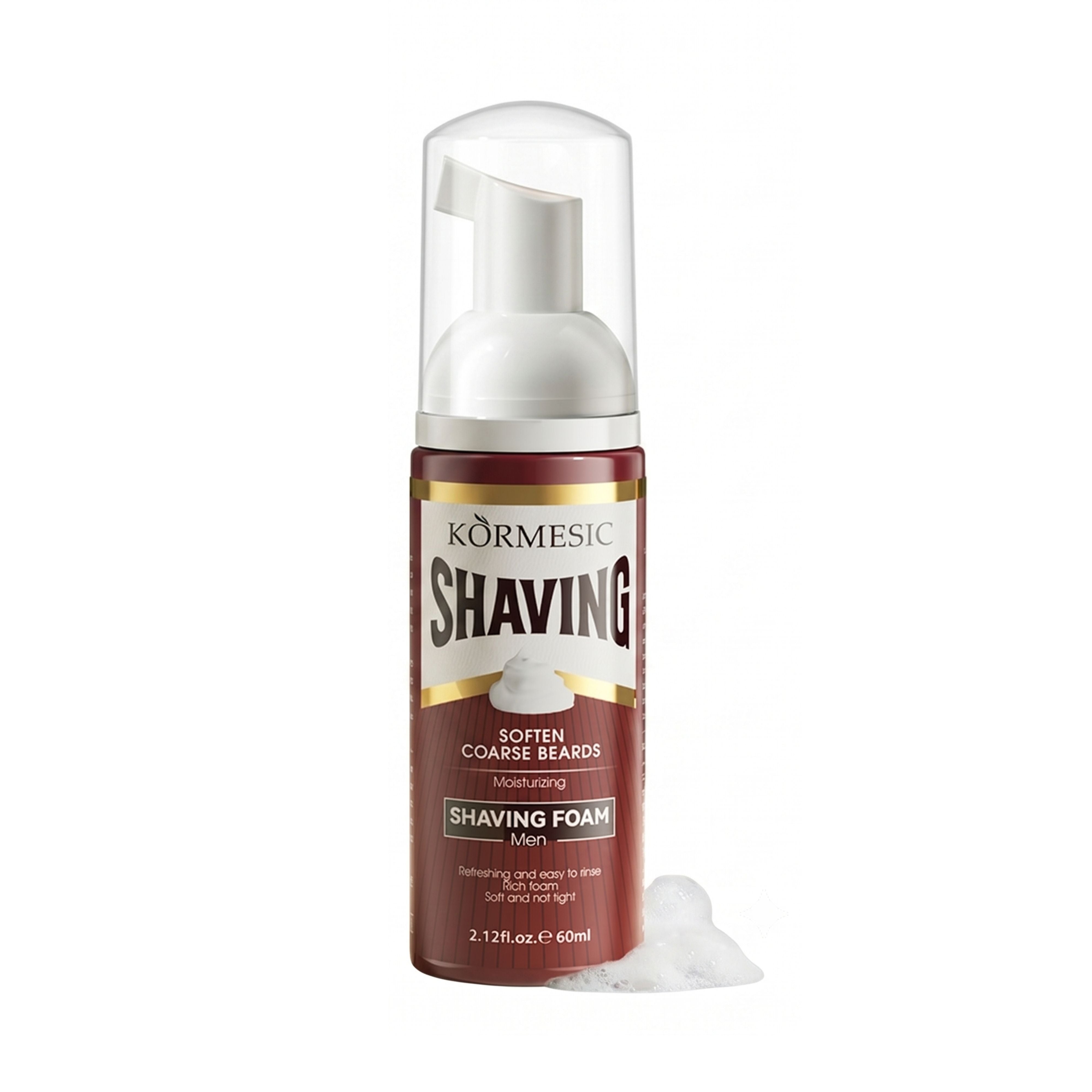 60ml bottle of Kormesic Moisturizing Shaving Foam in red packaging for deep skin hydration