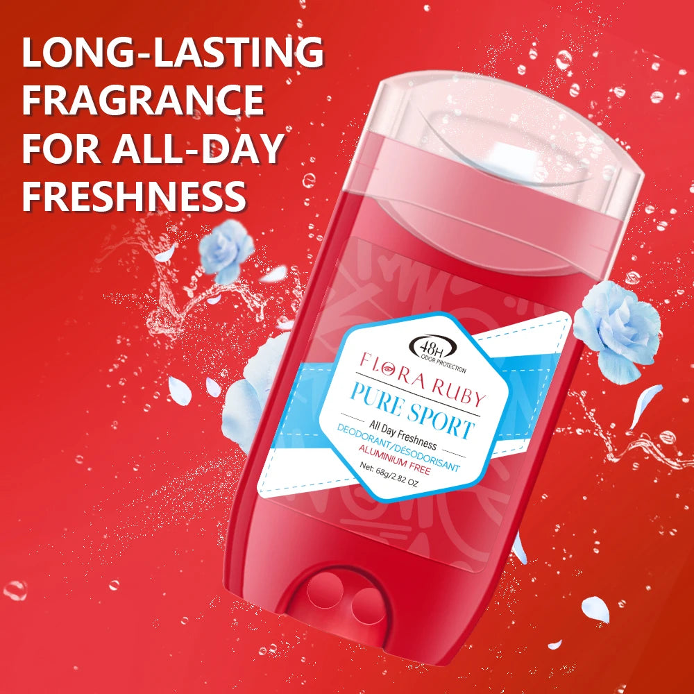 Flora Ruby Pure Sport deodorant stick surrounded by floating blue flower petals on a sparkling red background