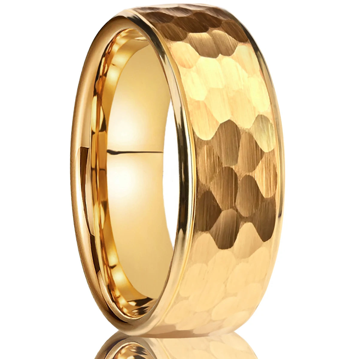 Alternative studio perspective of the gold-plated hammered tungsten wedding ring, emphasizing its highly reflective multifaceted texture