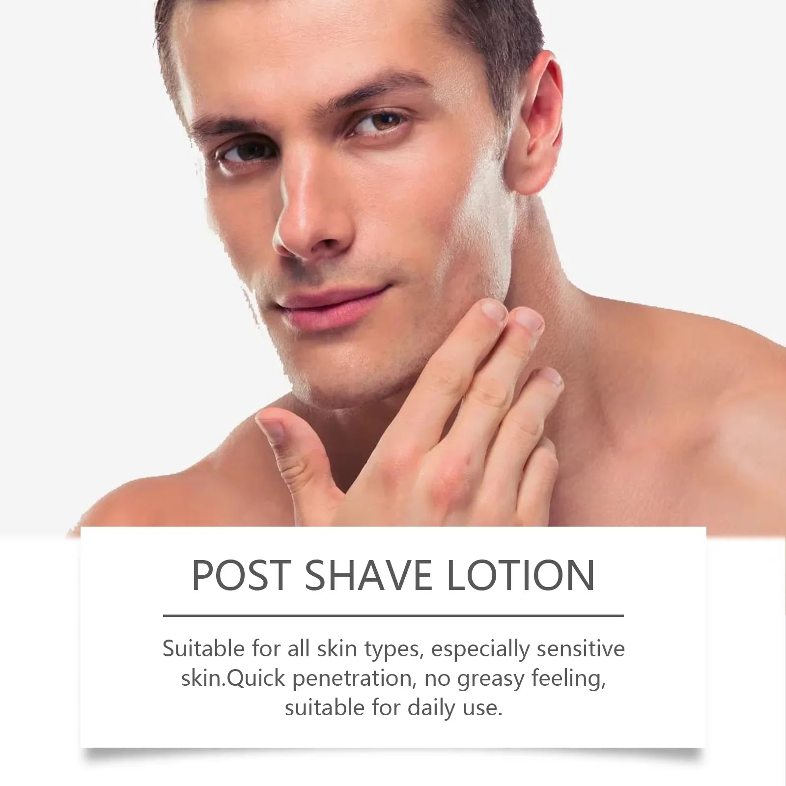 Close-up of a man massaging his jawline after applying the East Moon post shave soothing lotion
