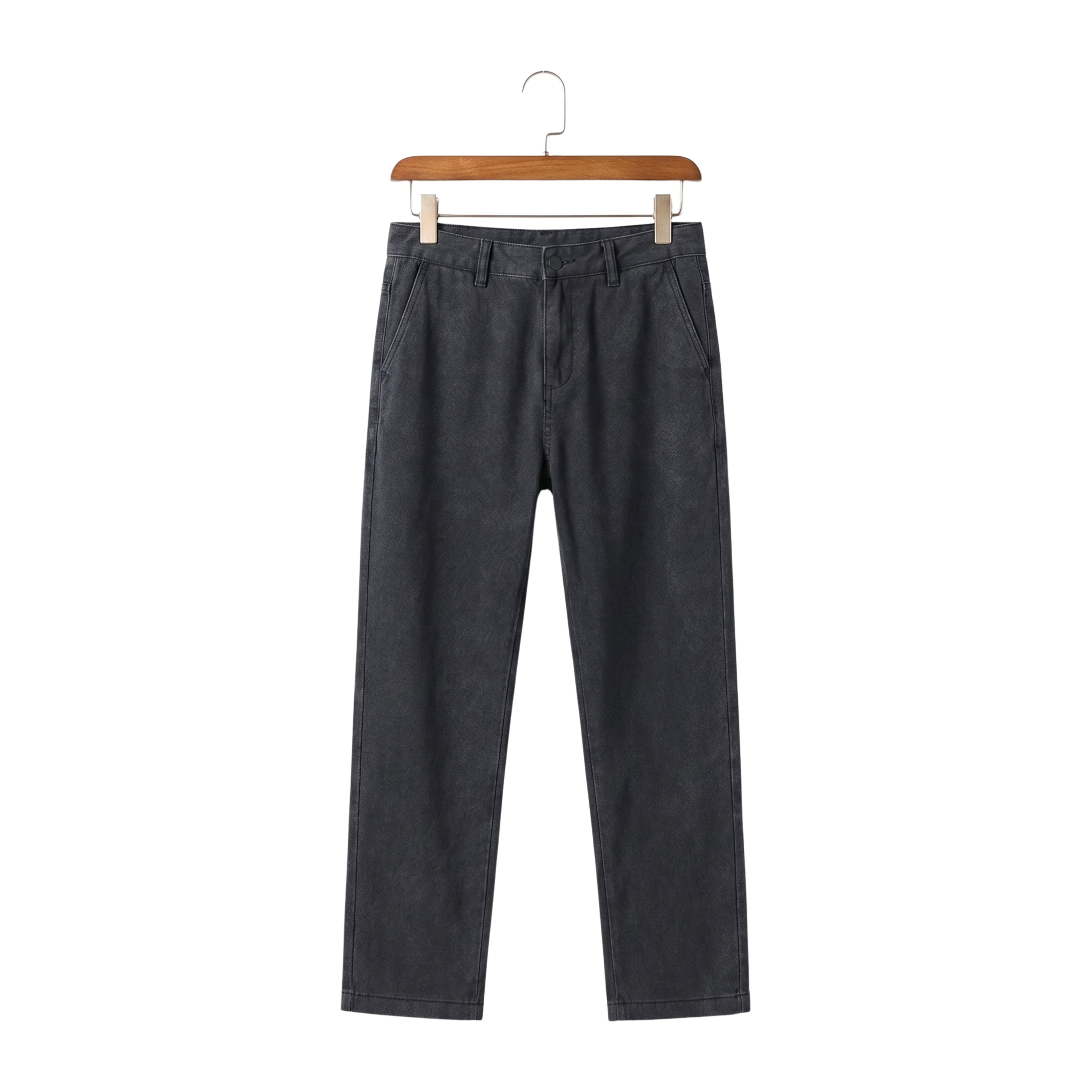 Men's AirWeave Lyocell ultrathin loose straight jeans in dark charcoal black hanging on a wooden hanger