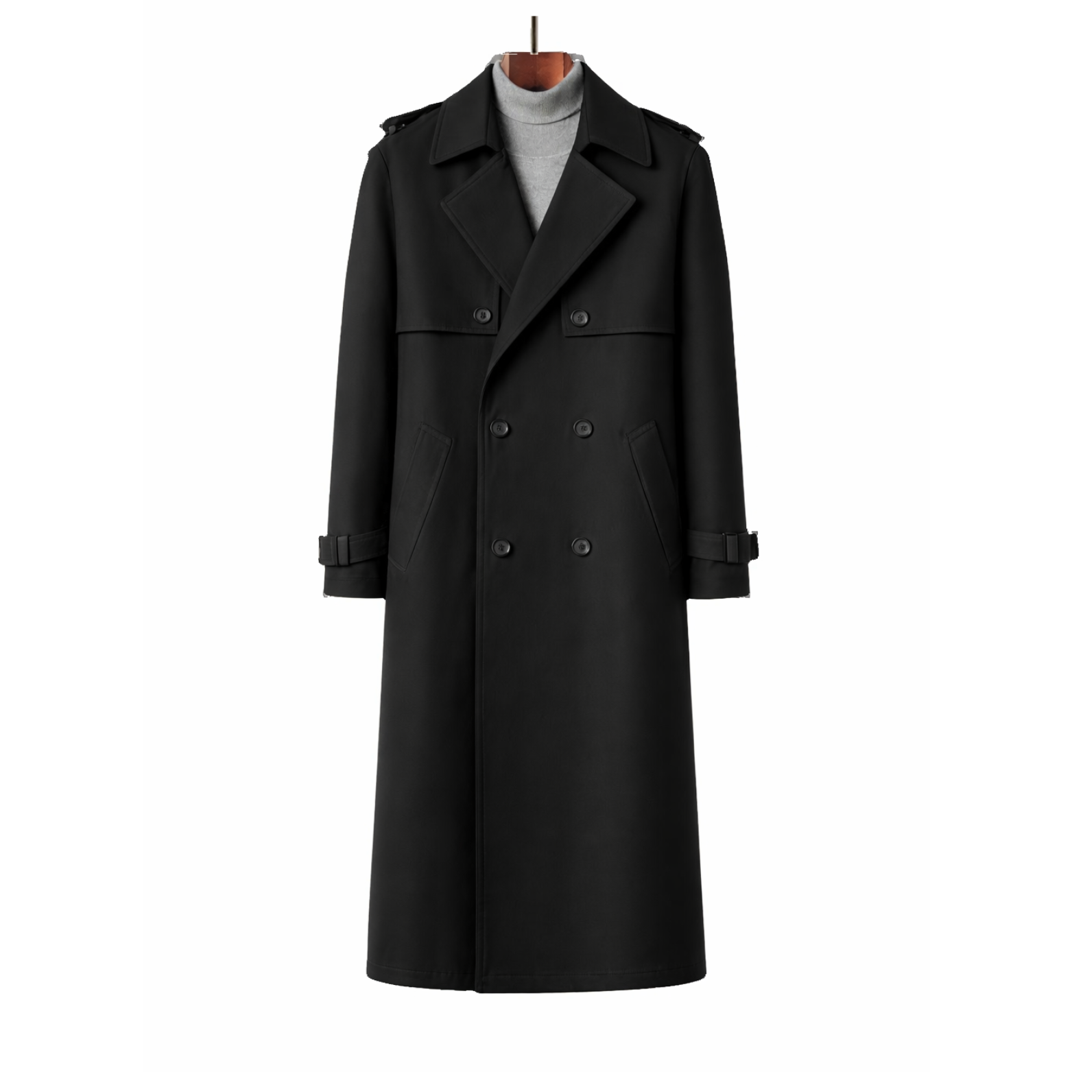Front view of men's black long trench coat windproof winter warm style
