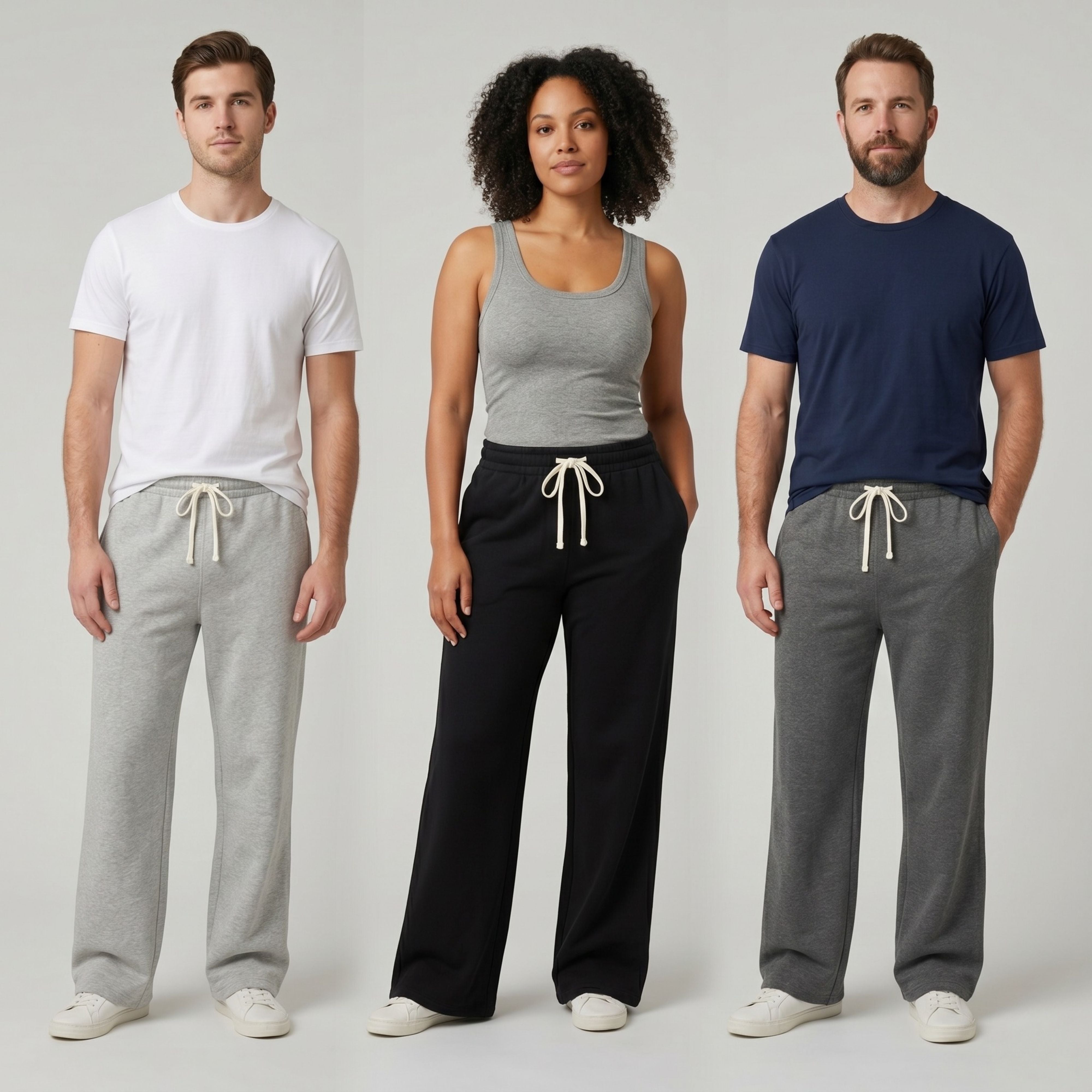 Three models standing side-by-side wearing the loose fit knitted jogger sweatpants in light grey, black, and dark charcoal grey