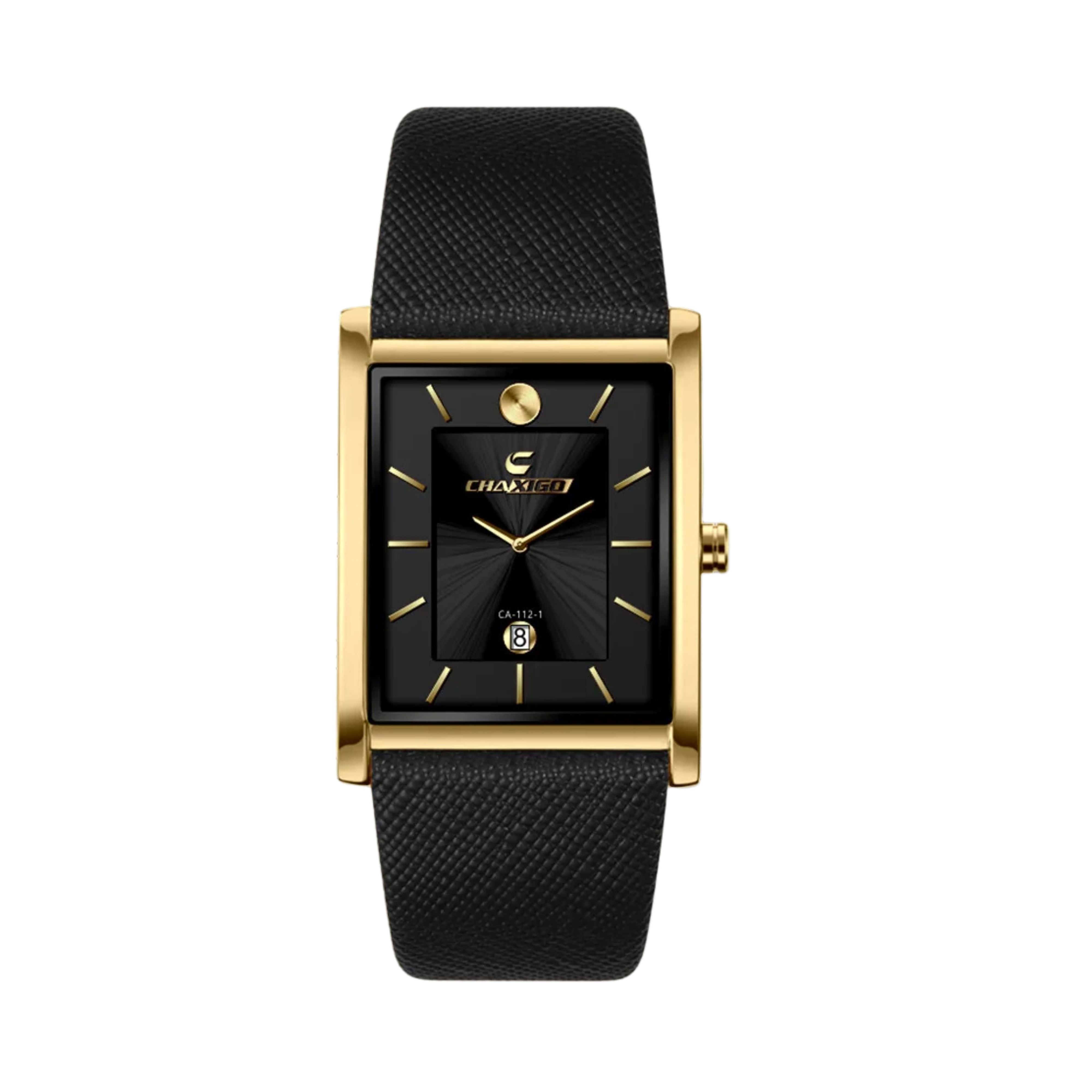 Men's elegant gold rectangular dress watch featuring a black dial with a diamond index, date window, and textured black leather strap.
