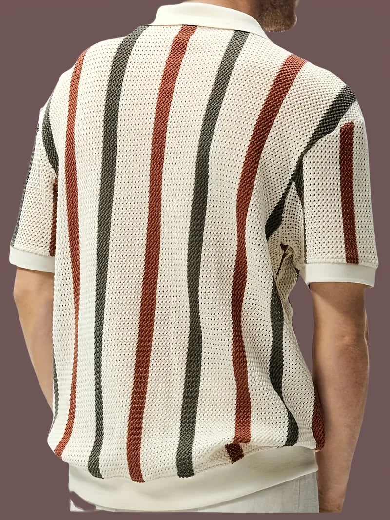 Back view of a man modeling the regular slim-fit profile and linear gradient striped pattern of the knit cardigan polo