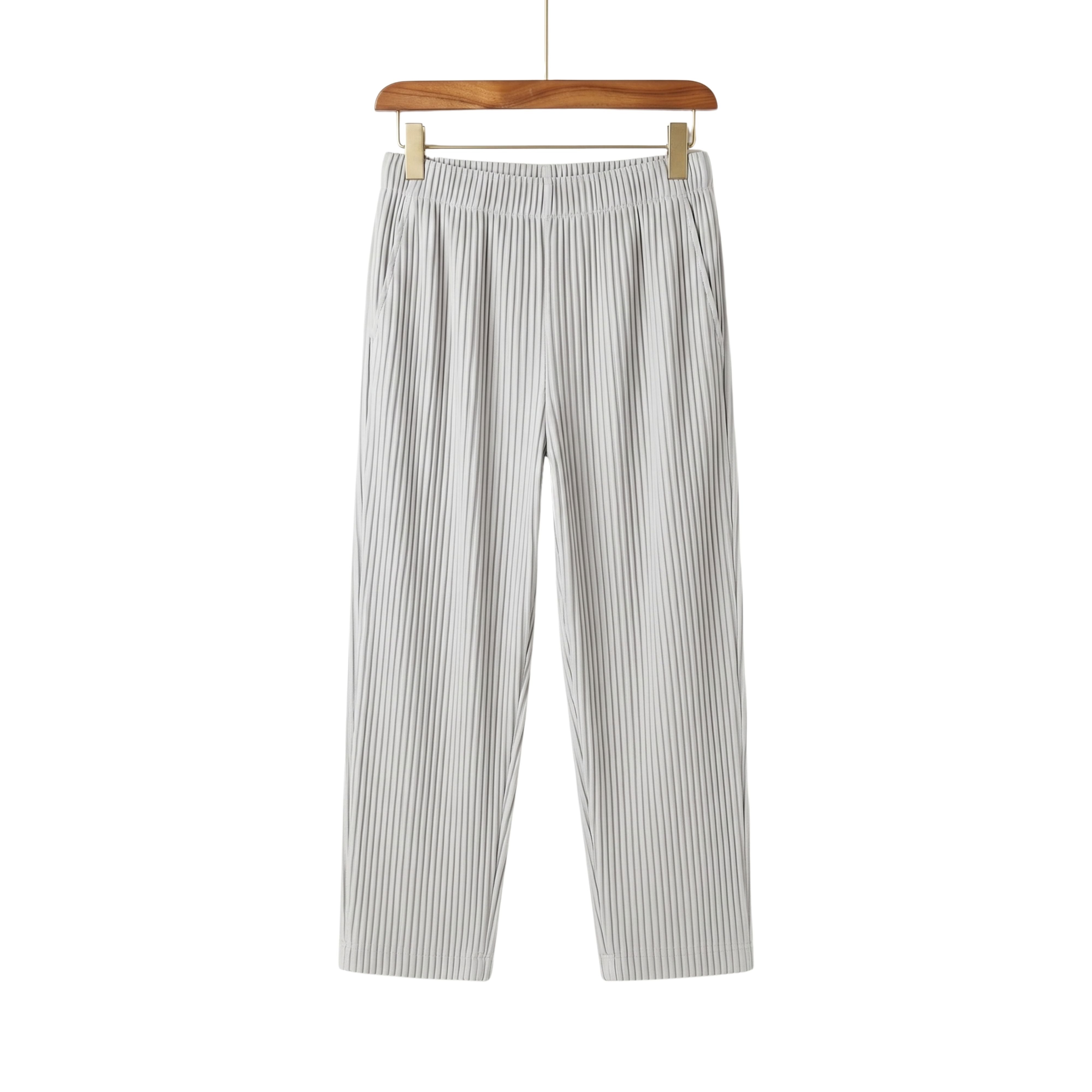 Front studio view of men's lightweight pleated ice silk trousers in heather grey on a wooden hanger