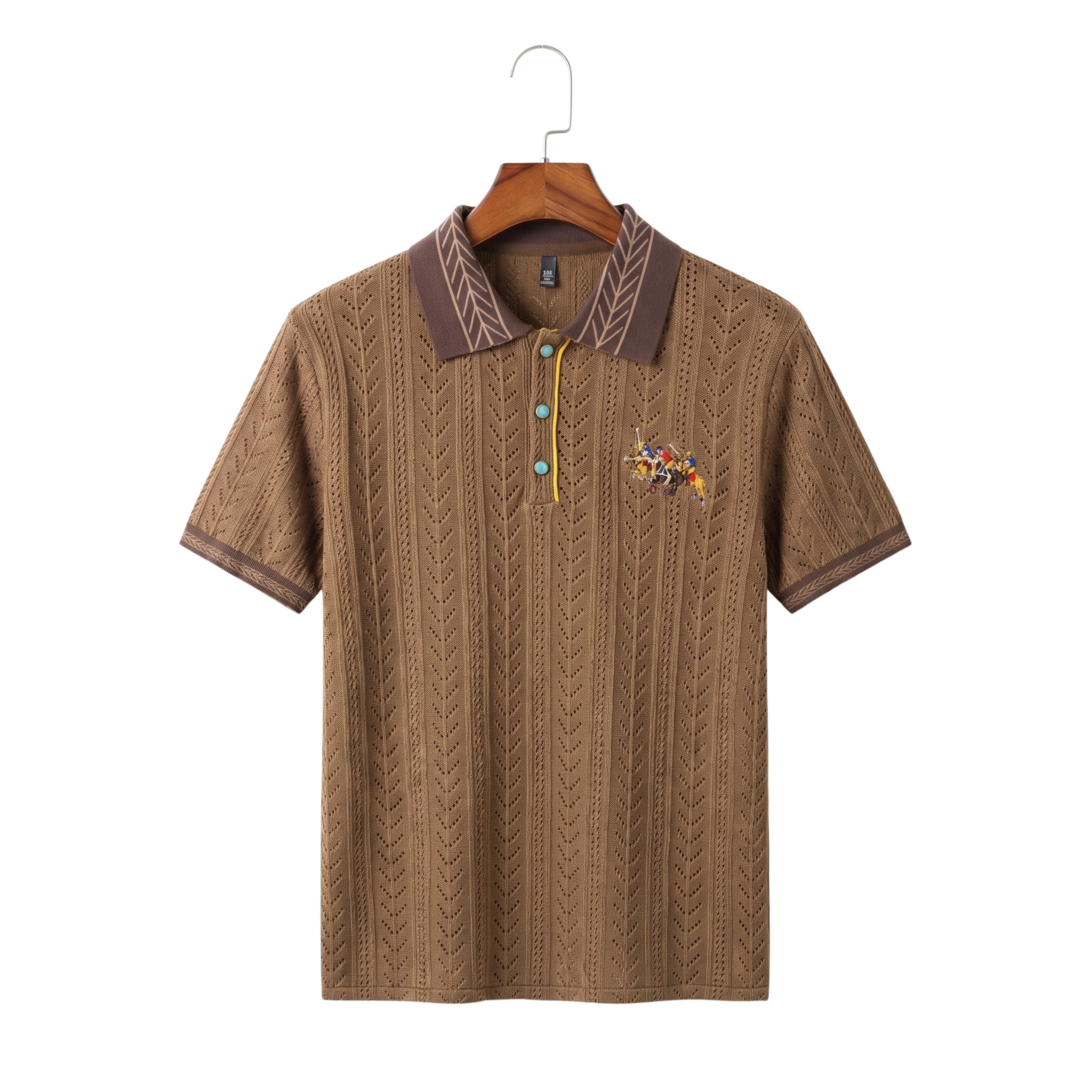 Front studio view of a men's high-end hollowed-out jacquard knitted polo shirt in brown with premium chest embroidery.
