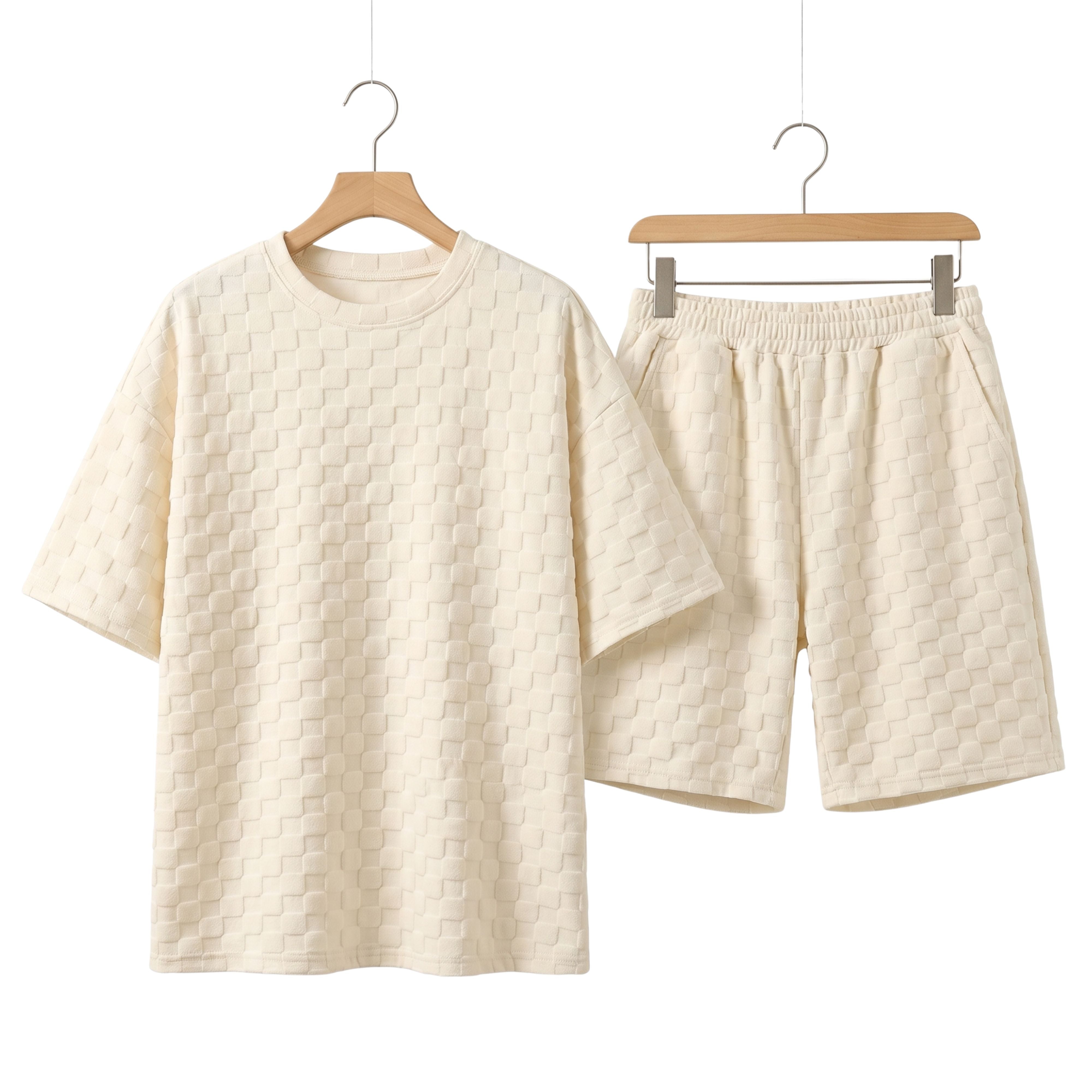 Korean style men's oversized two-piece matching set in soft apricot beige cotton fabric with a retro jacquard plaid weave