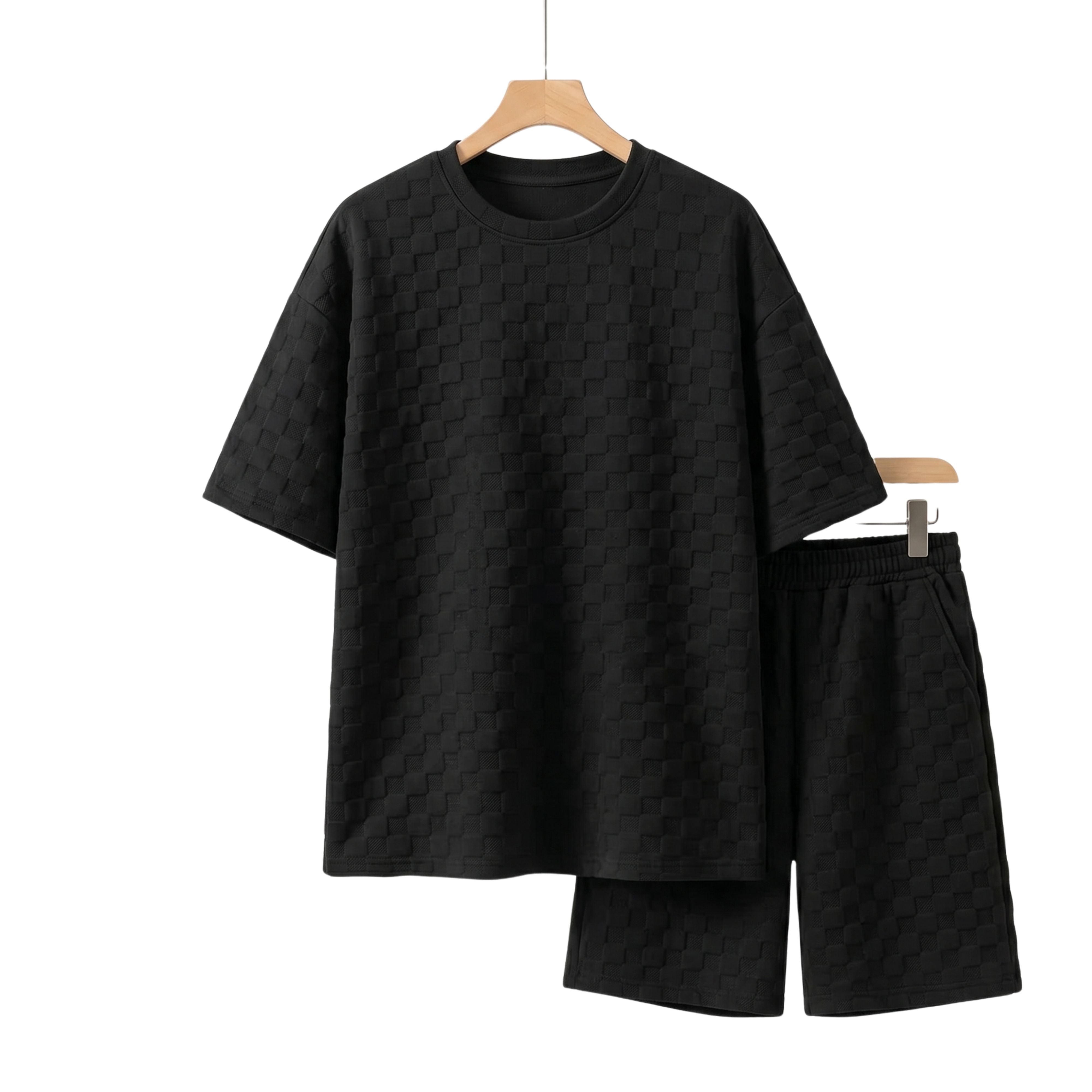 All-black streetwear casual two-piece co-ord set with a textured diamond checkerboard jacquard weave pattern