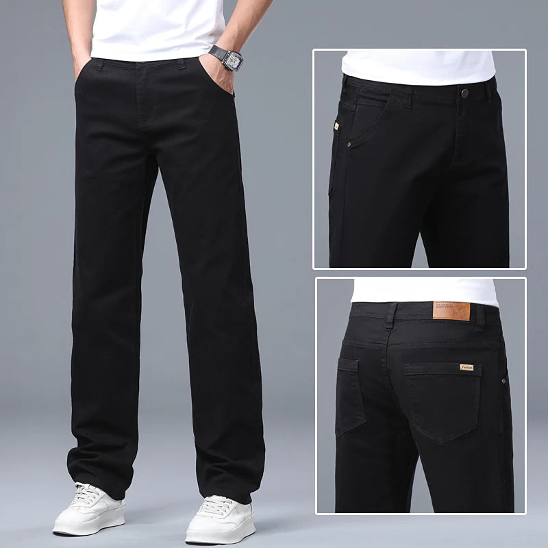 Front view of a male model modeling the off-white ivory mid-rise straight leg jeans, styled with white casual tennis shoes for a clean business daily look