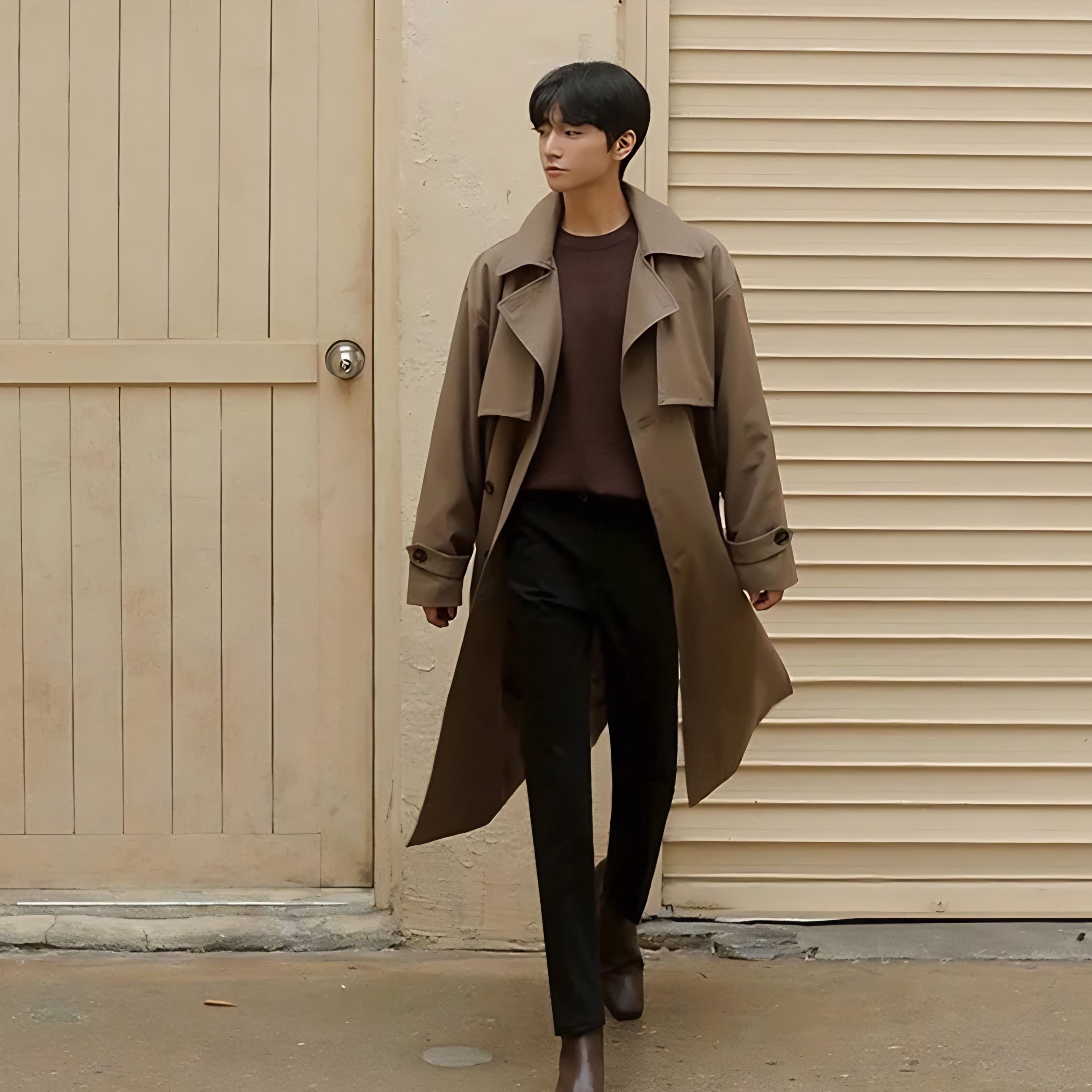Full front view body view of man wearing loose mid length casual overcoat jacket in khaki brown