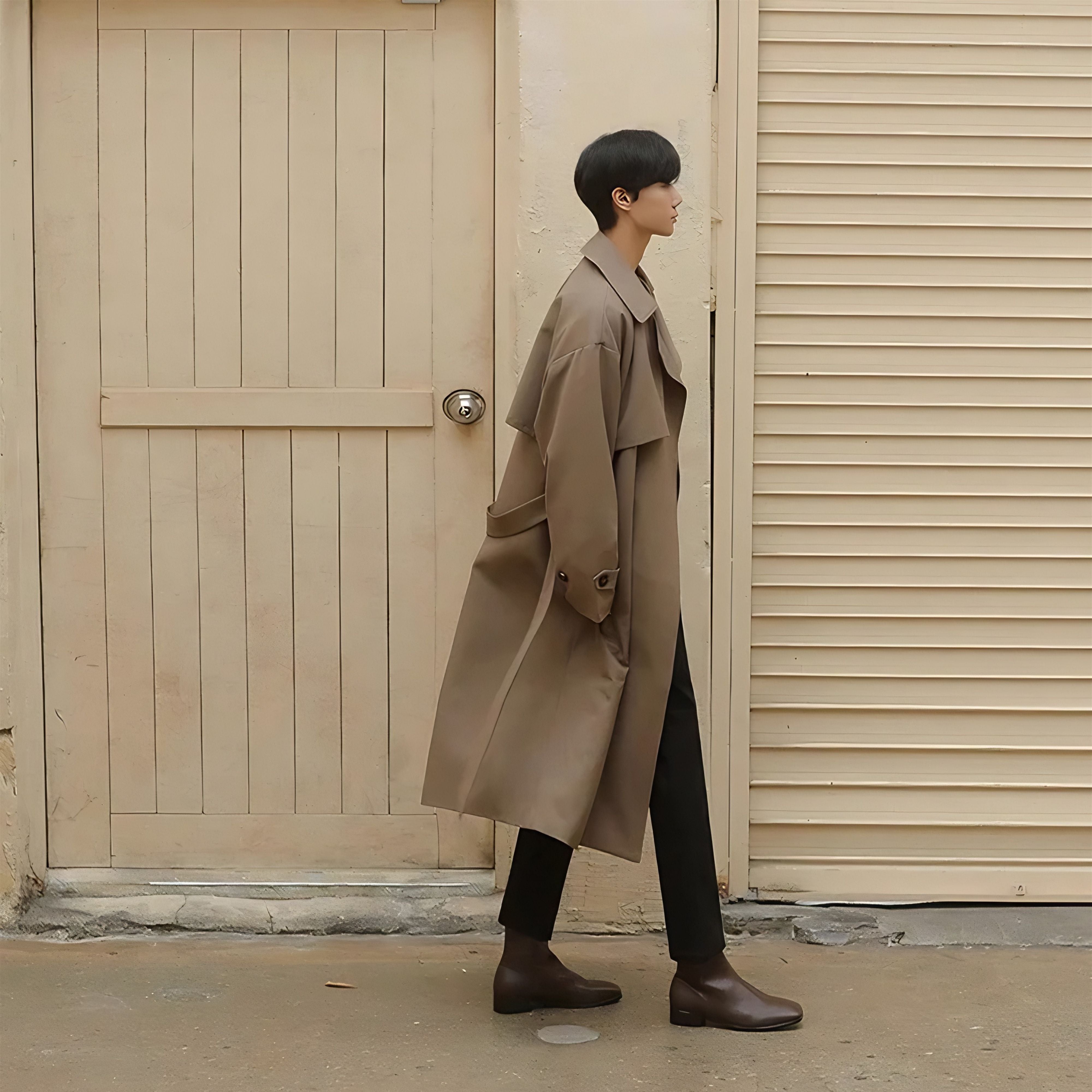 Full body view of man wearing loose mid length casual overcoat jacket in khaki brown