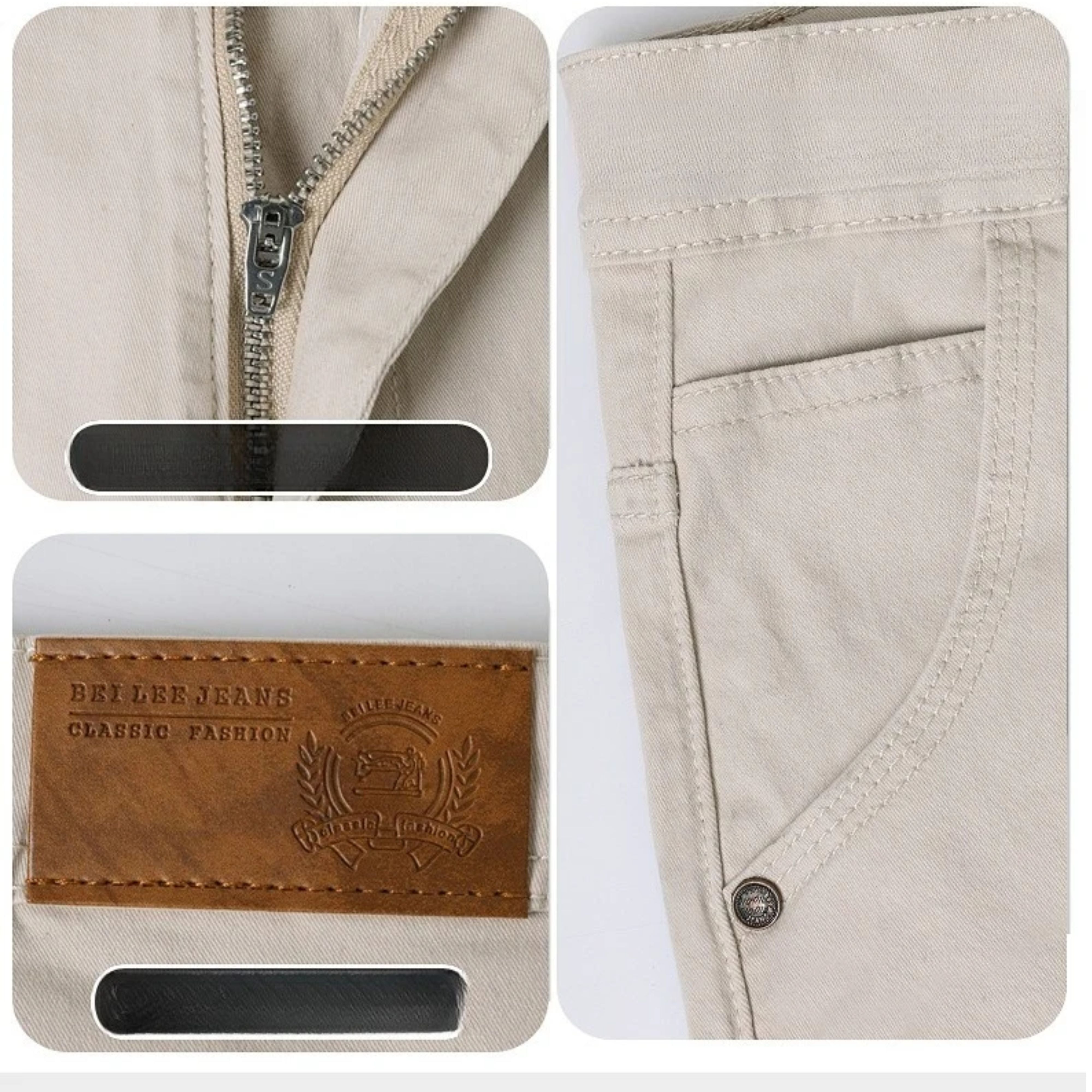 A multi-panel detail display highlighting the metallic zipper fly, the leather waist patch, and the deep front slant pocket construction