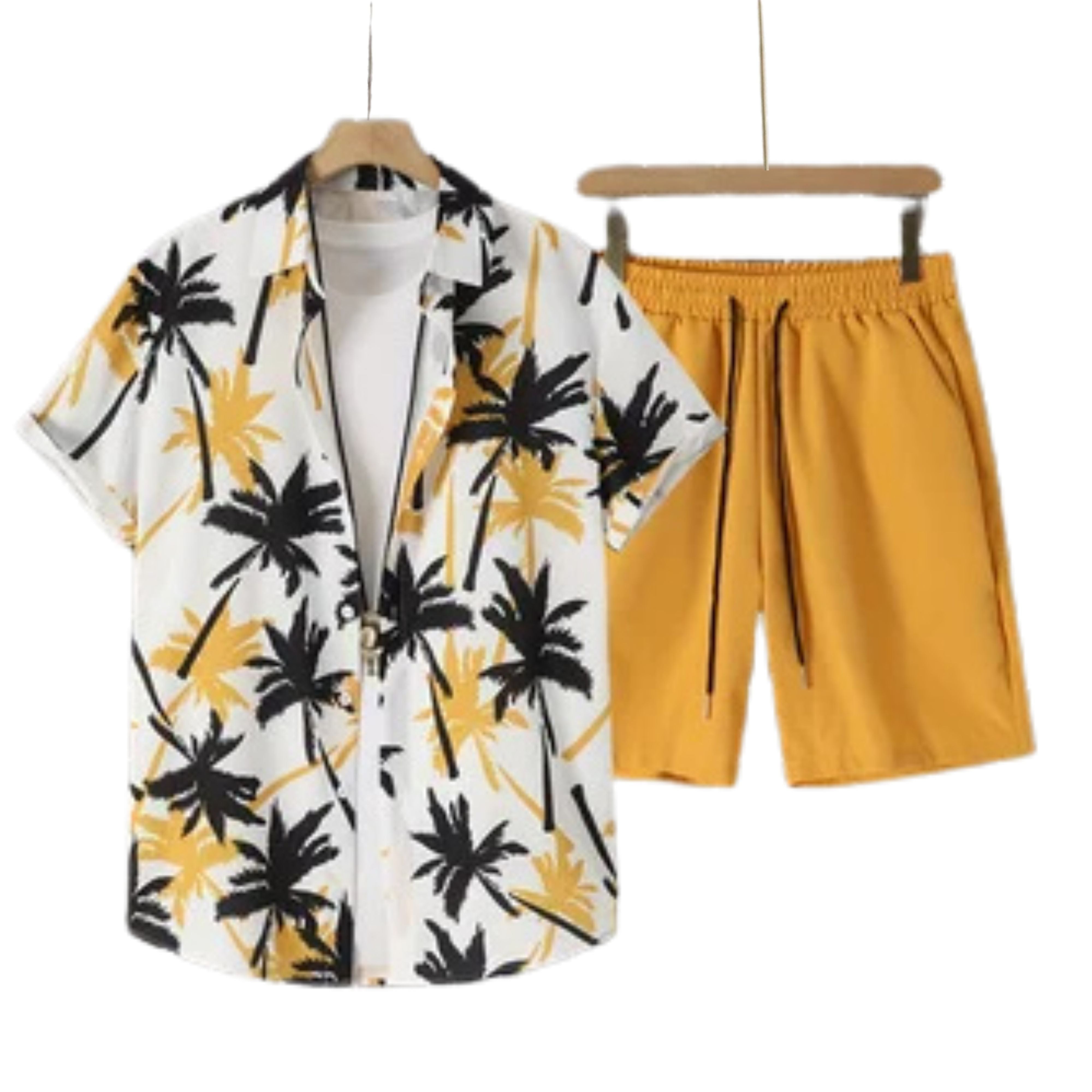 Men's two-piece tropical vacation outfit showcasing a short-sleeve resort lapel shirt with yellow and black palm trees paired with mustard yellow drawstring pants