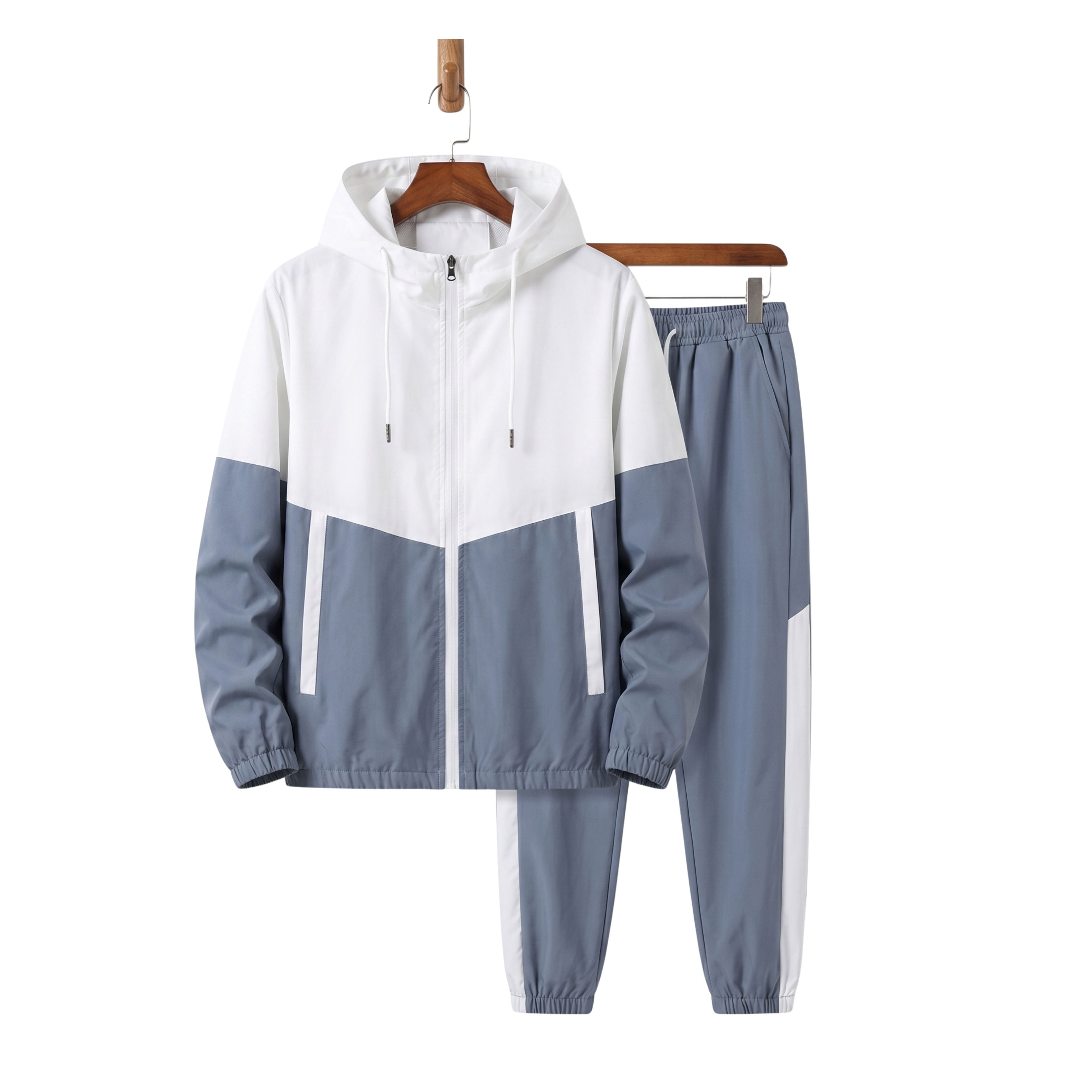 Men's two-piece casual jogging suit showcasing a white and light blue color-block full-zip hooded jacket with matching blue athletic sweatpants