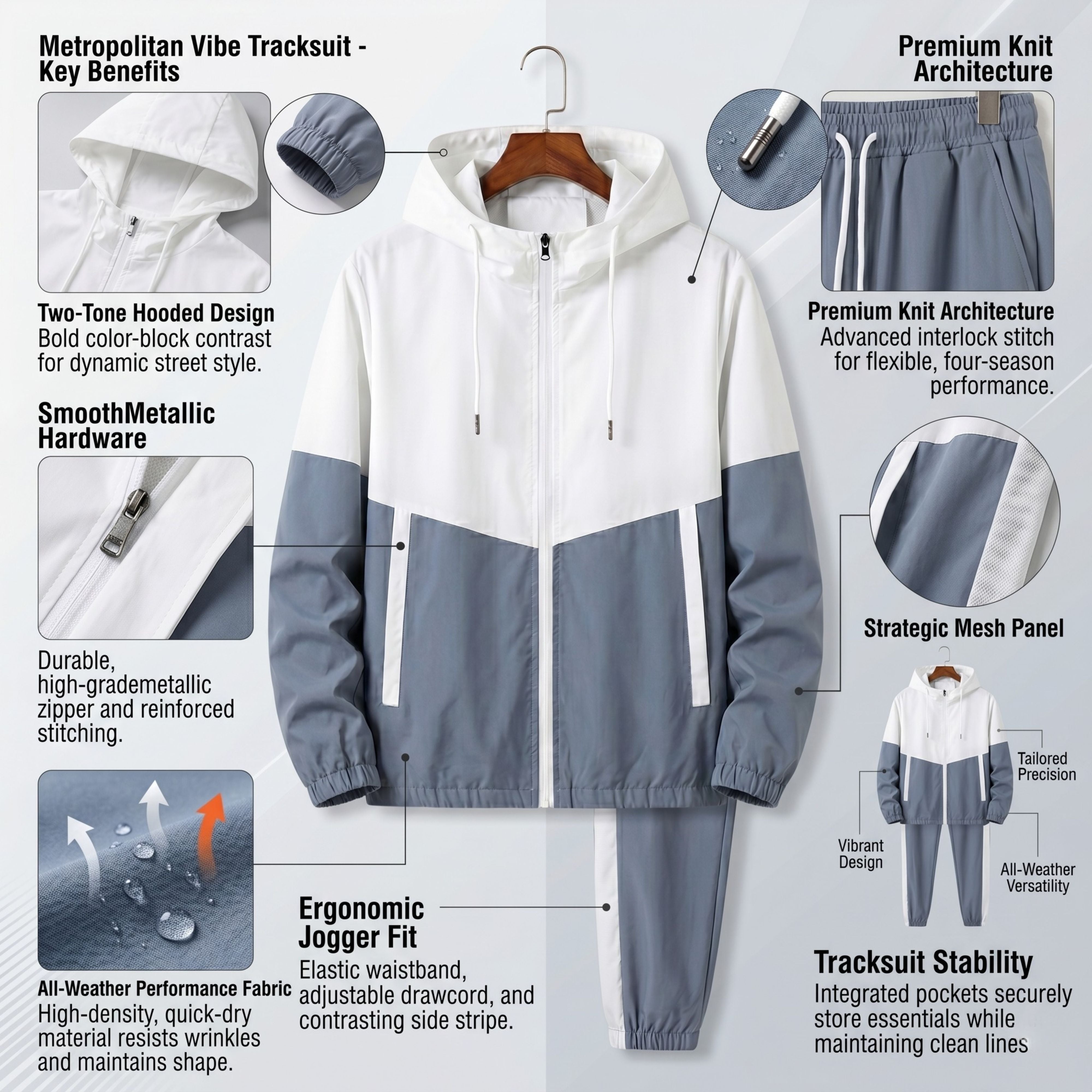 A product features infographic highlighting the premium knit all-weather construction, smooth metallic zipper closure, and flexible drawstring waist layout