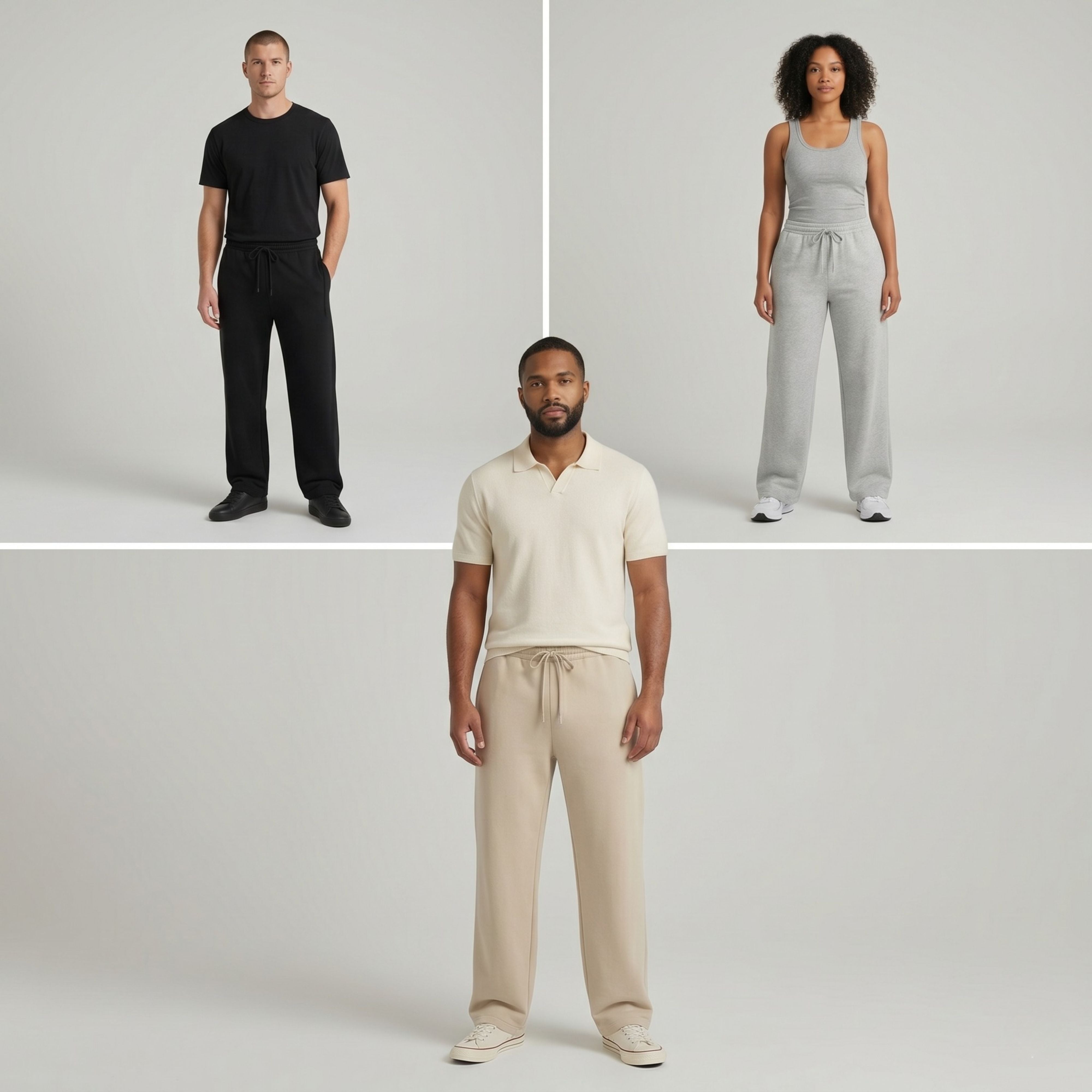 Minimalist multi-level studio presentation featuring models wearing different color variants of the casual full-length knitted joggers
