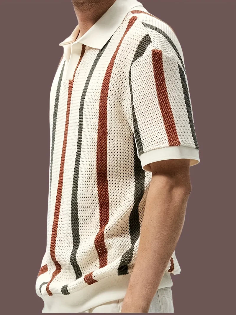 Side profile view of a model showcasing the short sleeve ribbed cuffs and relaxed drape of the striped knit shirt