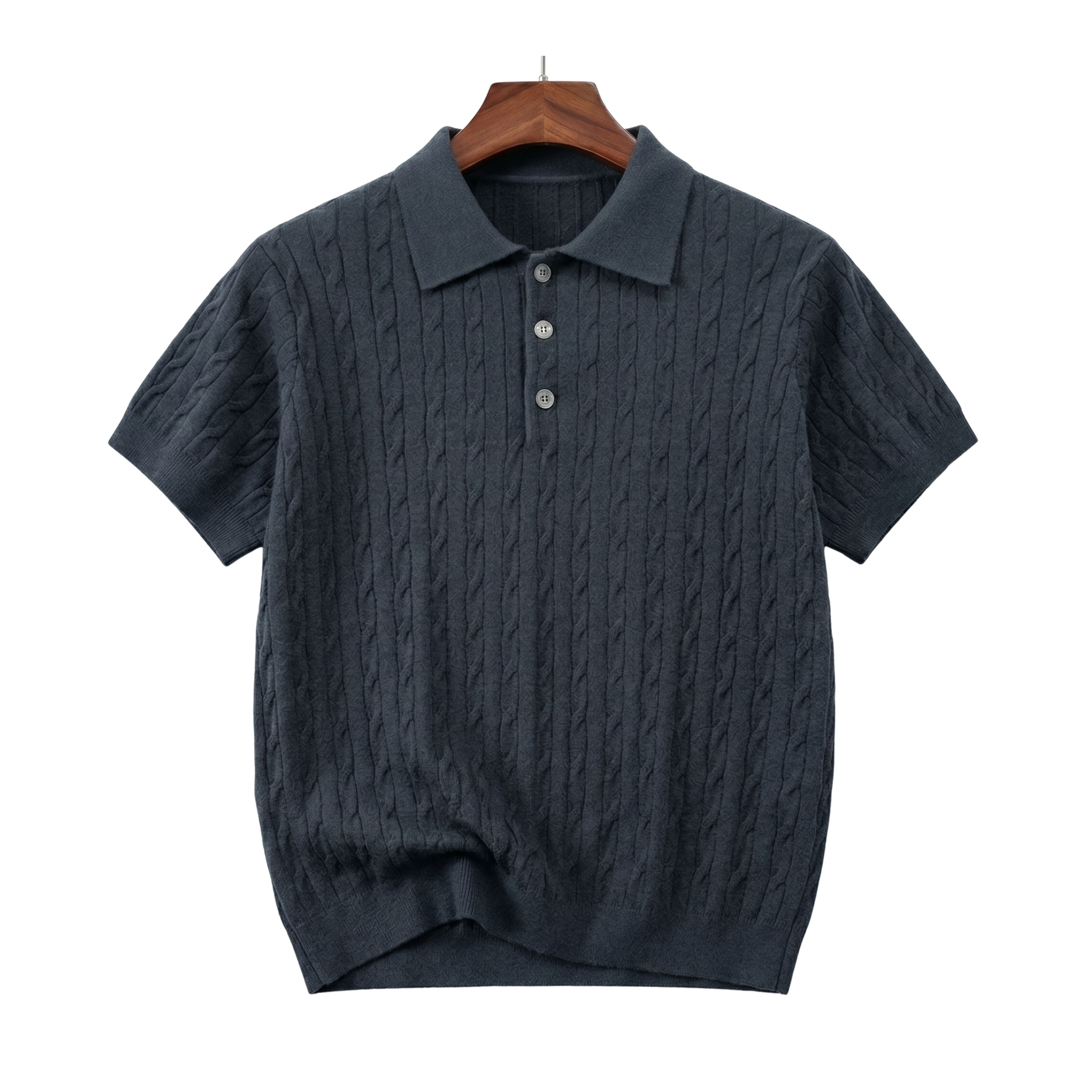 Front view of a charcoal grey men's short-sleeve cable knit polo shirt with grey buttons against a white background